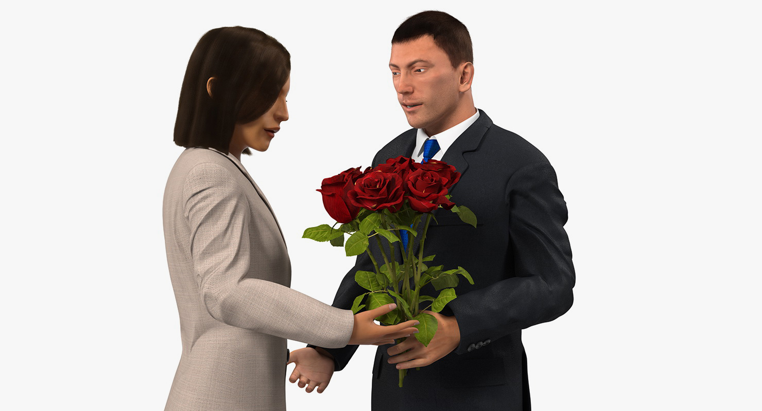 Rigged Man and Woman With White Roses 3D