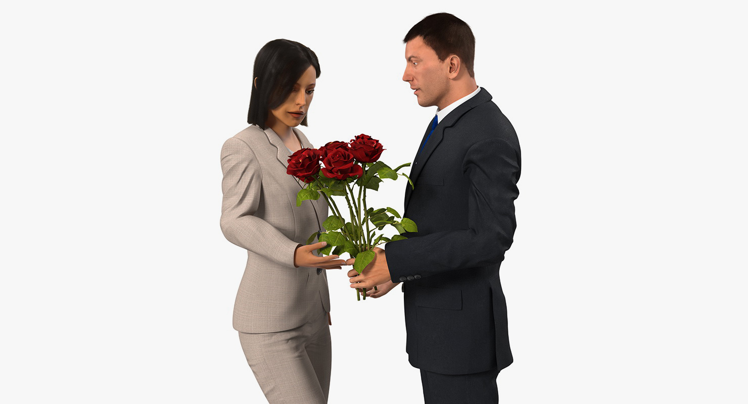 Rigged Man and Woman With White Roses 3D