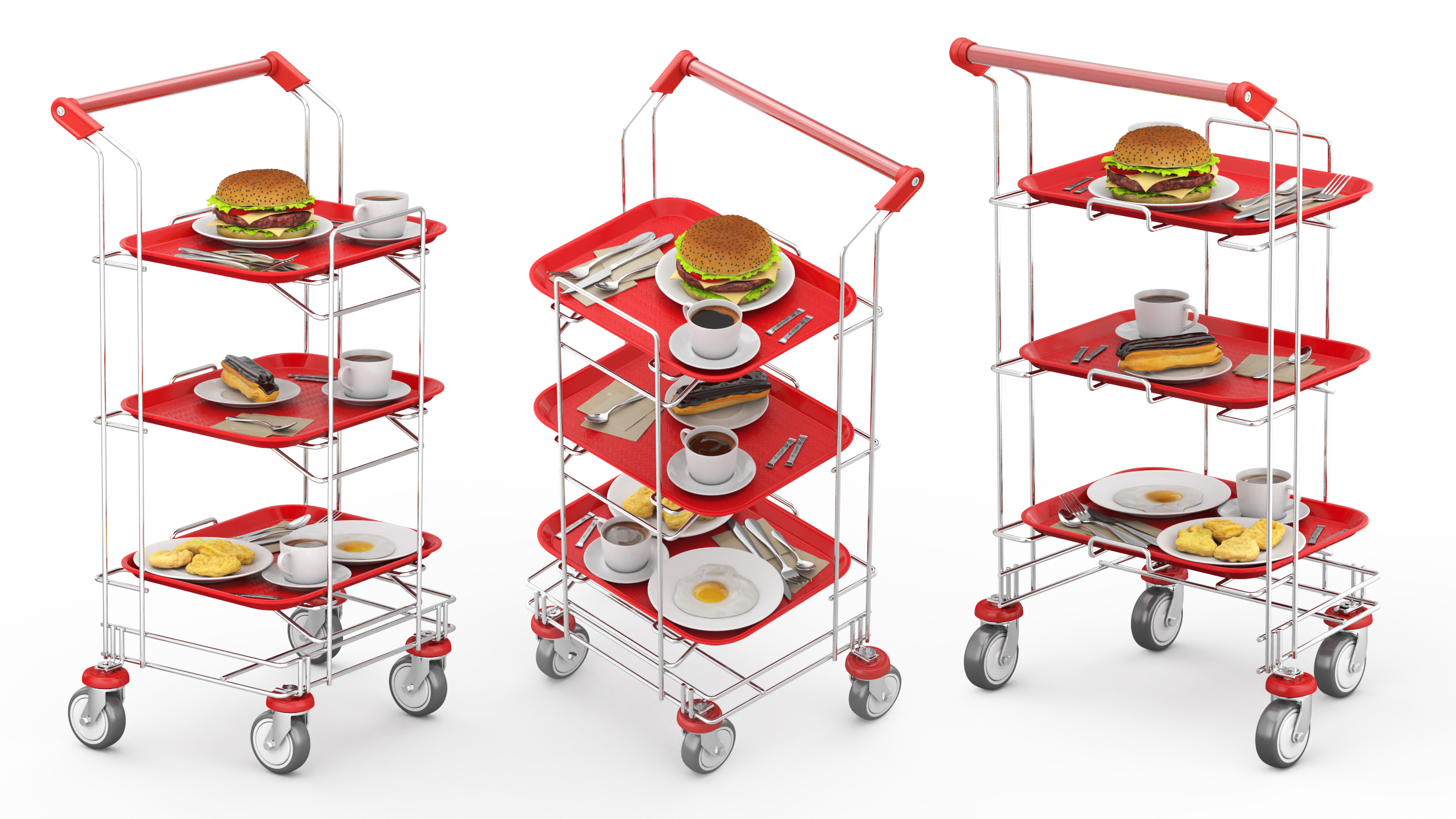 3D Tray Cart with Red Trays and Food model
