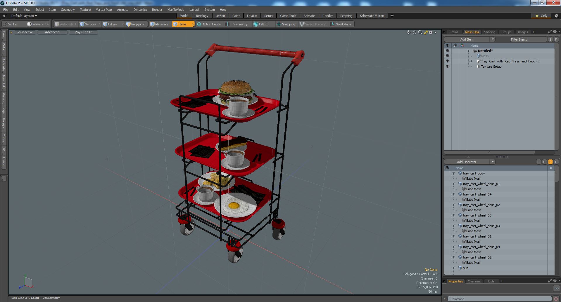 3D Tray Cart with Red Trays and Food model