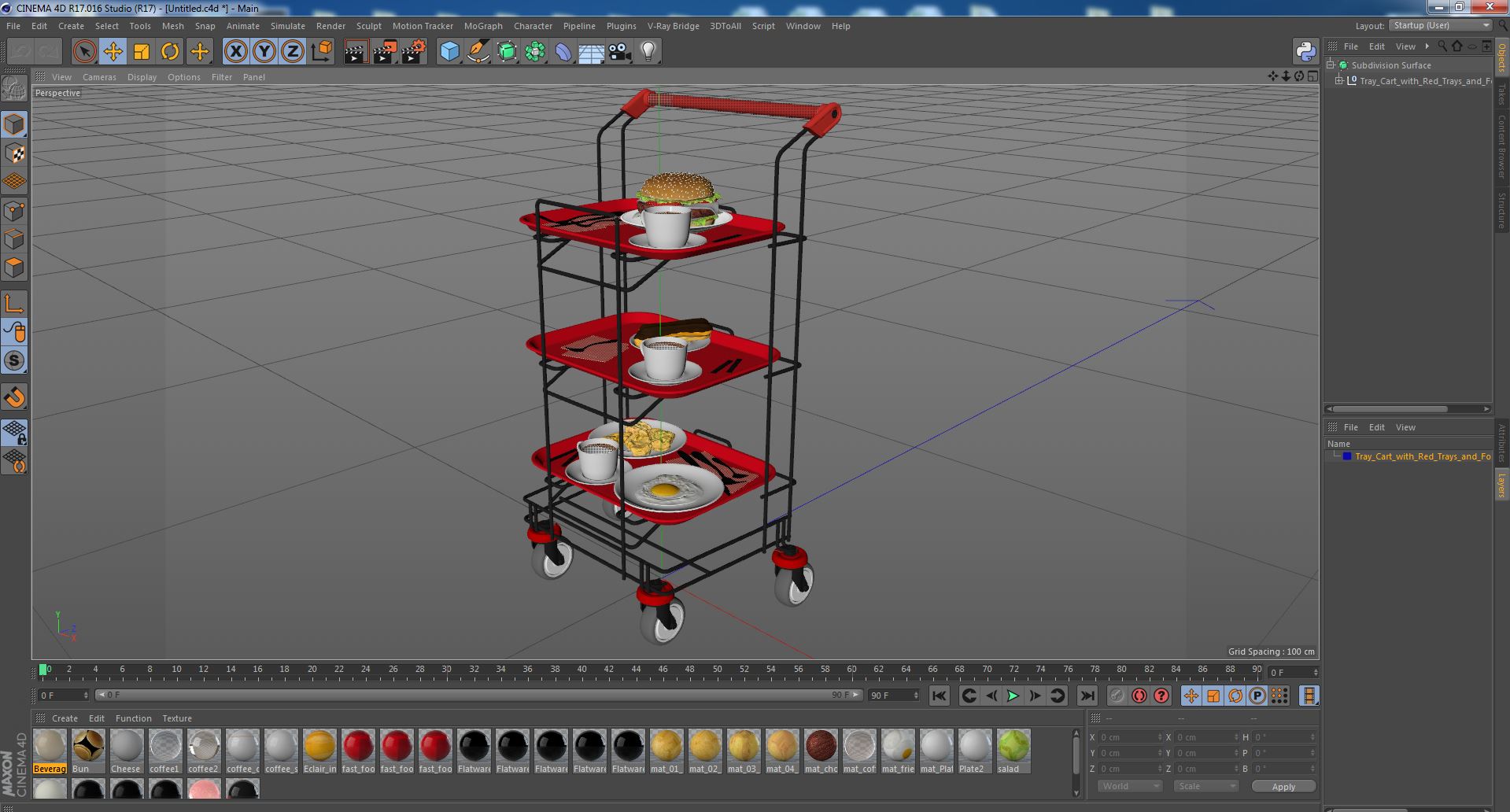 3D Tray Cart with Red Trays and Food model