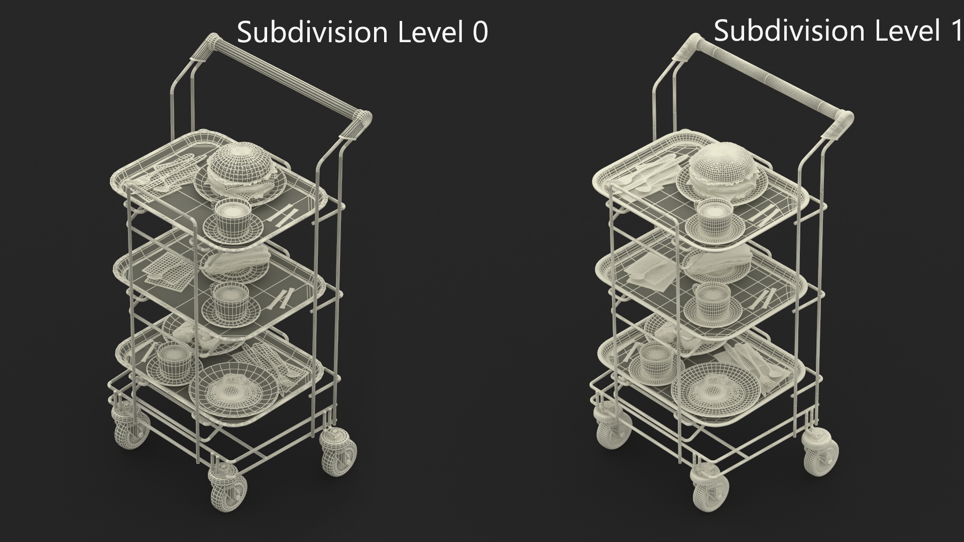 3D Tray Cart with Red Trays and Food model