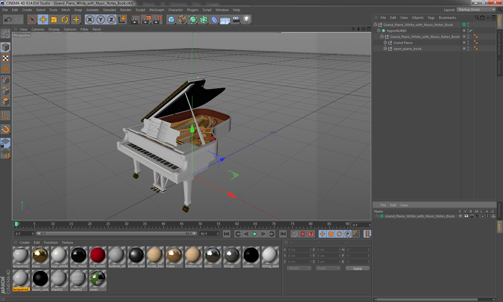 Grand Piano White with Music Notes Book 3D model