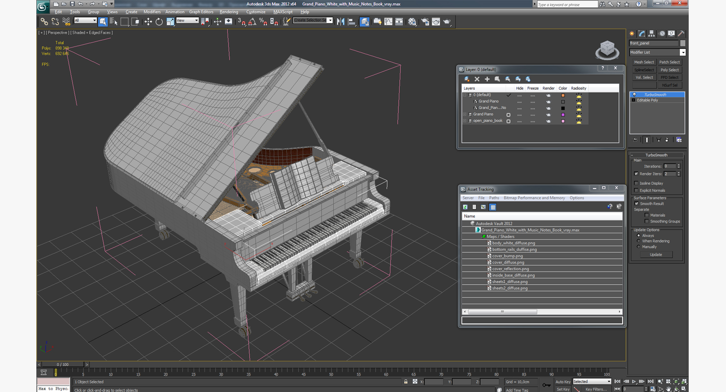 Grand Piano White with Music Notes Book 3D model