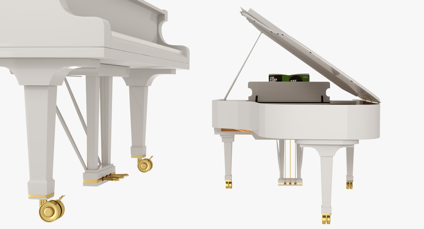 Grand Piano White with Music Notes Book 3D model