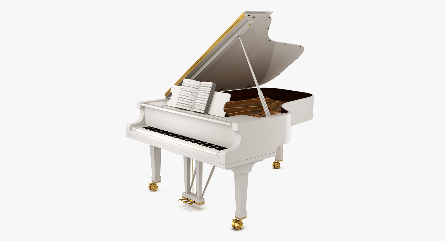 Grand Piano White with Music Notes Book 3D model
