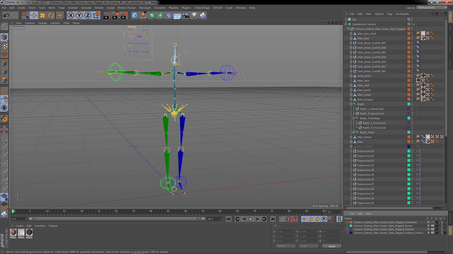 3D Chinese Elderly Man Home Style Rigged for Cinema 4D