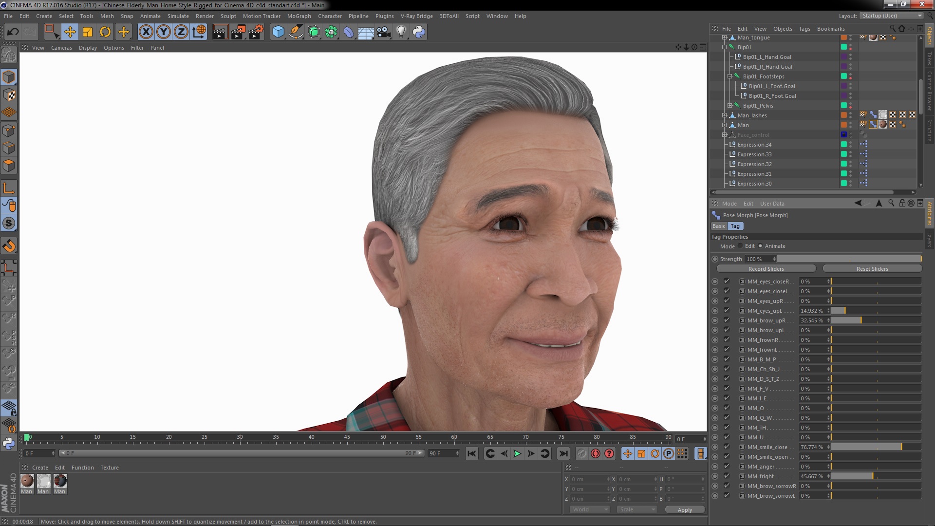 3D Chinese Elderly Man Home Style Rigged for Cinema 4D