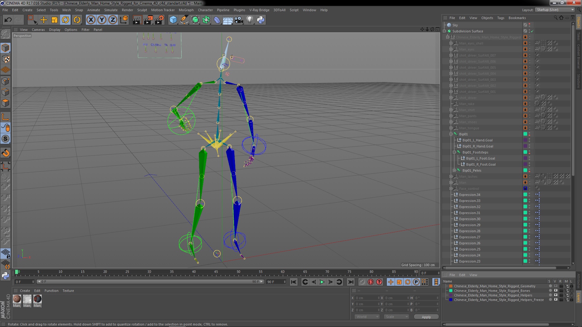 3D Chinese Elderly Man Home Style Rigged for Cinema 4D