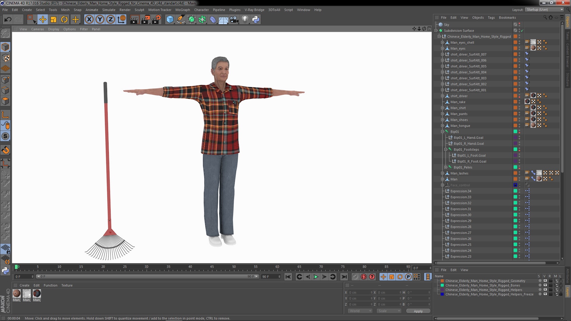 3D Chinese Elderly Man Home Style Rigged for Cinema 4D