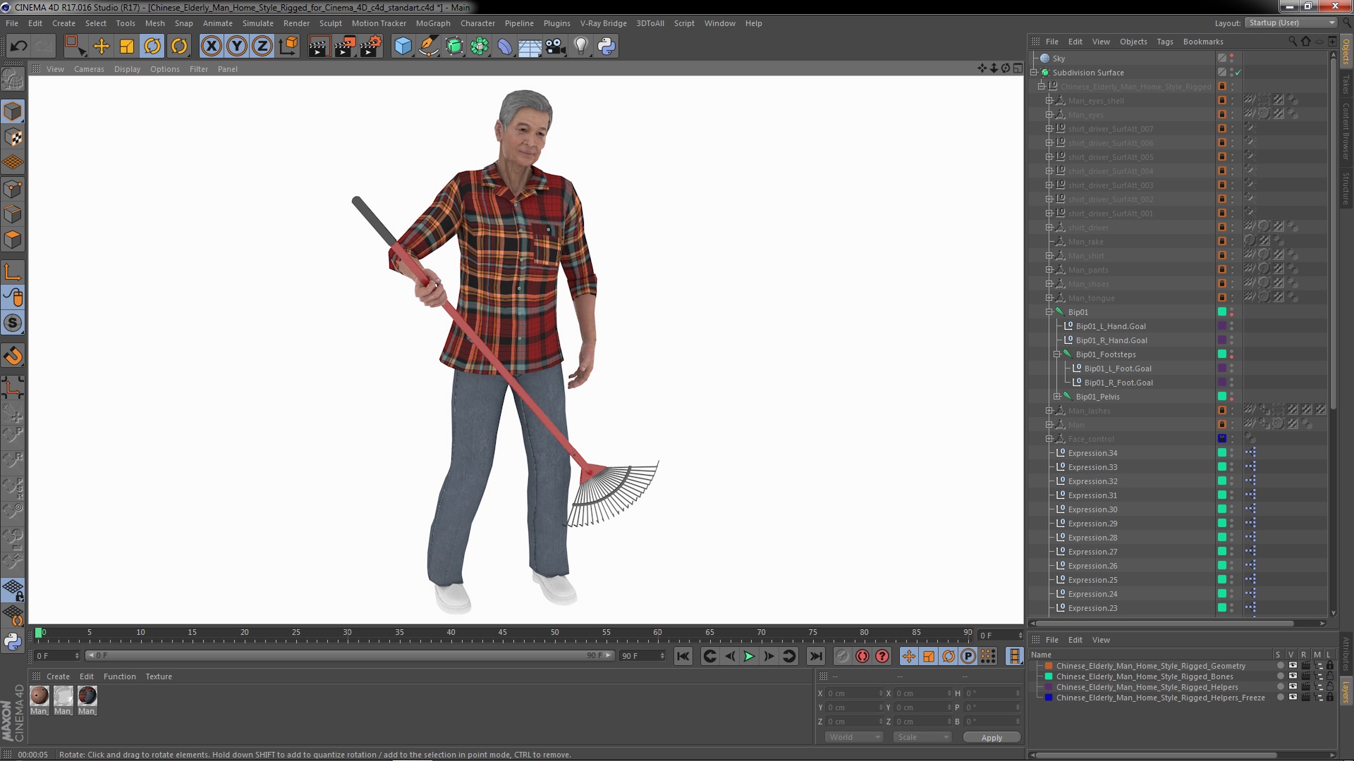 3D Chinese Elderly Man Home Style Rigged for Cinema 4D