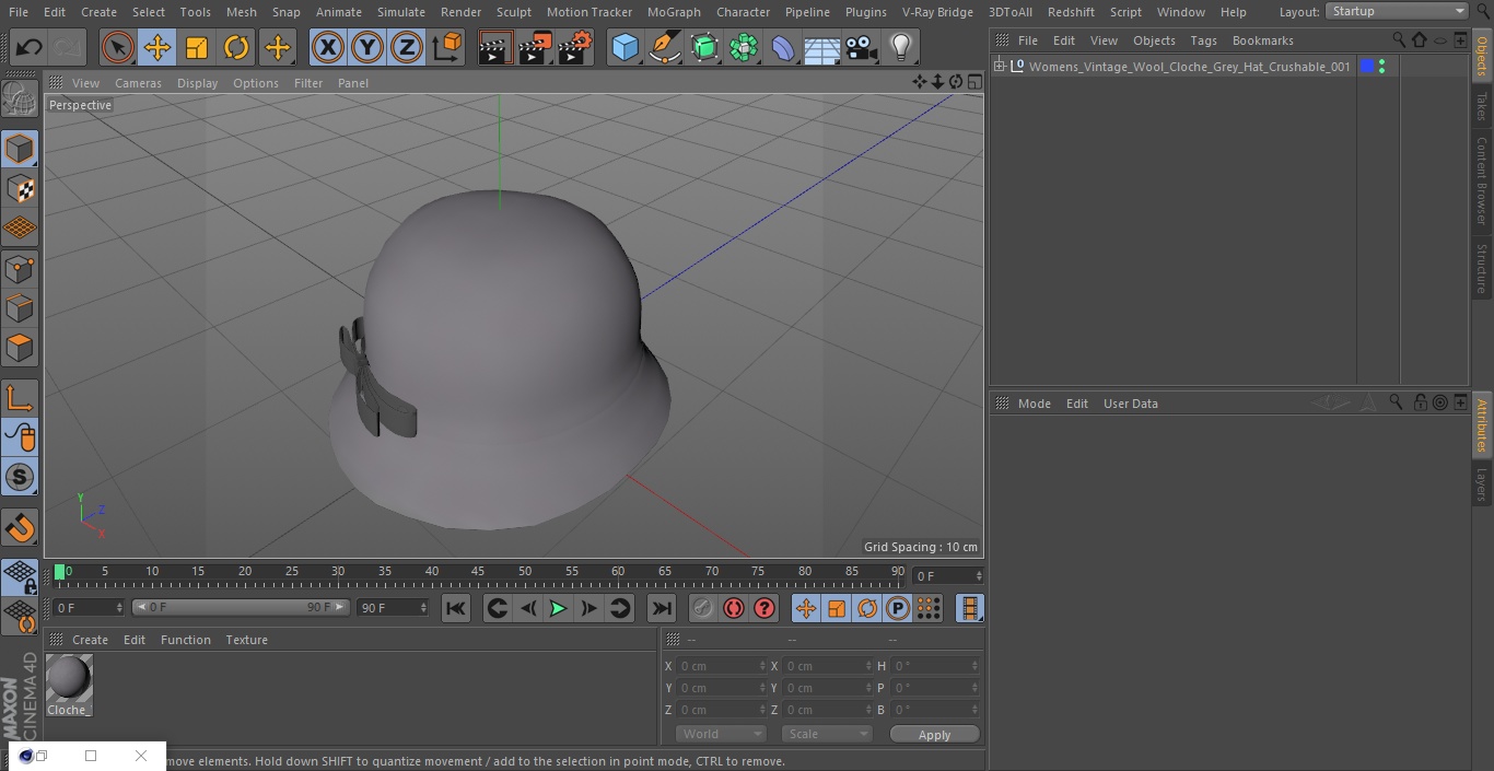 3D model Womens Vintage Wool Cloche Grey Hat Crushable
