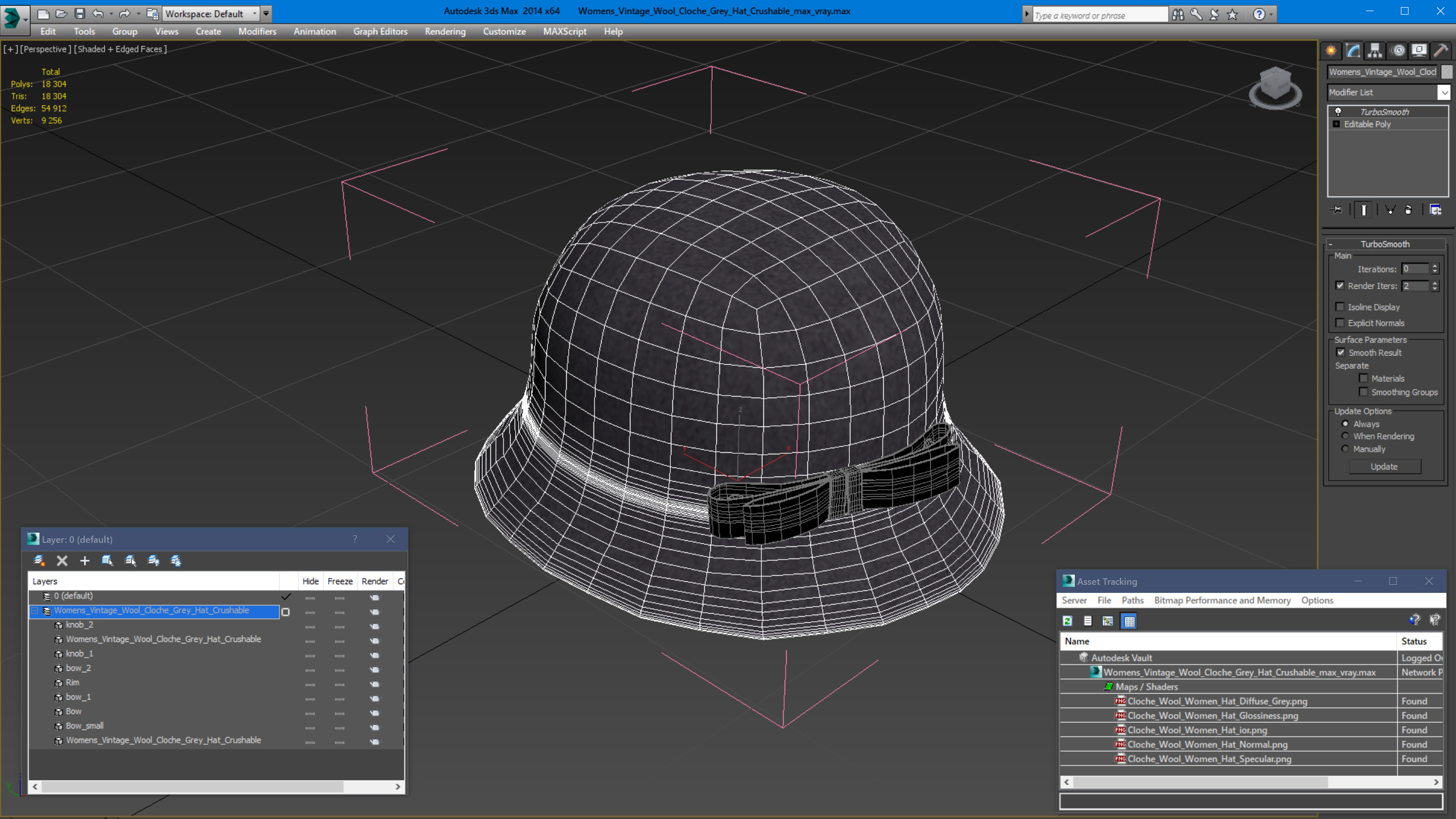 3D model Womens Vintage Wool Cloche Grey Hat Crushable