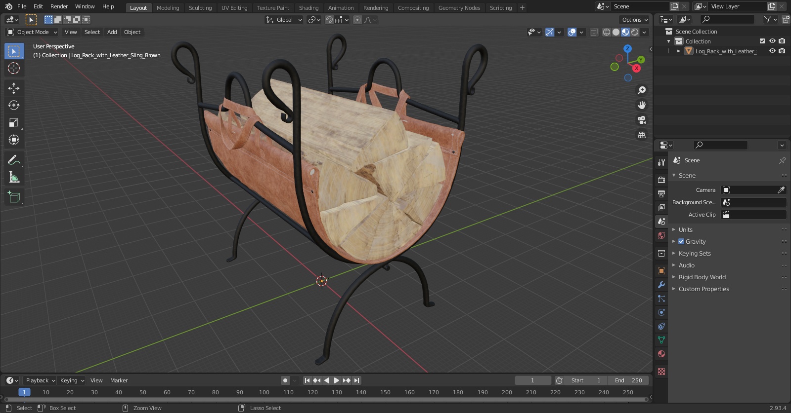 3D Log Rack with Leather Sling Brown model