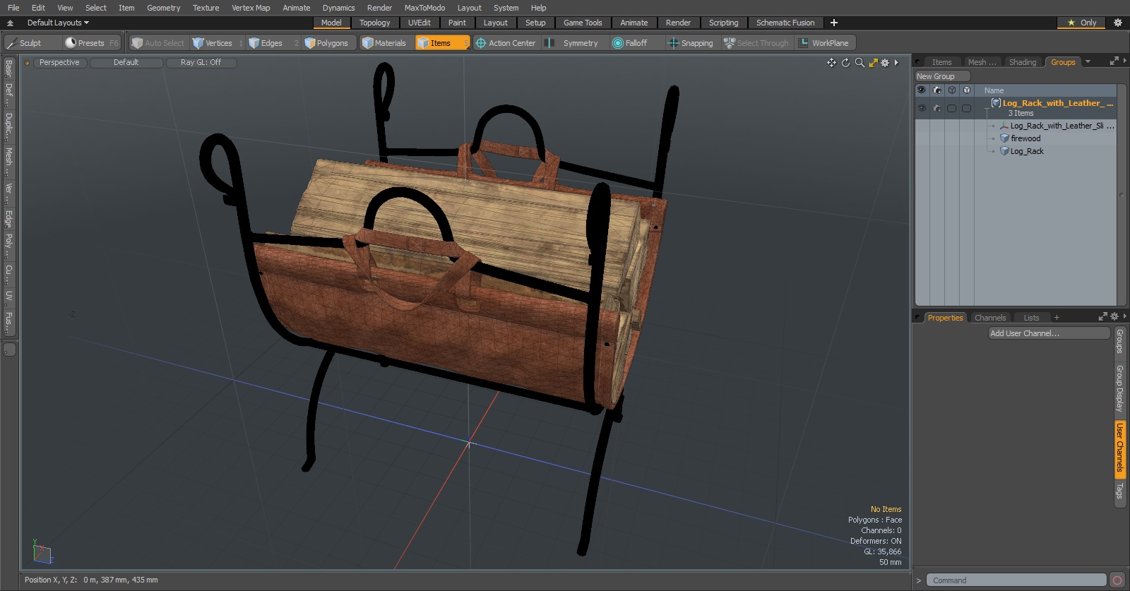 3D Log Rack with Leather Sling Brown model