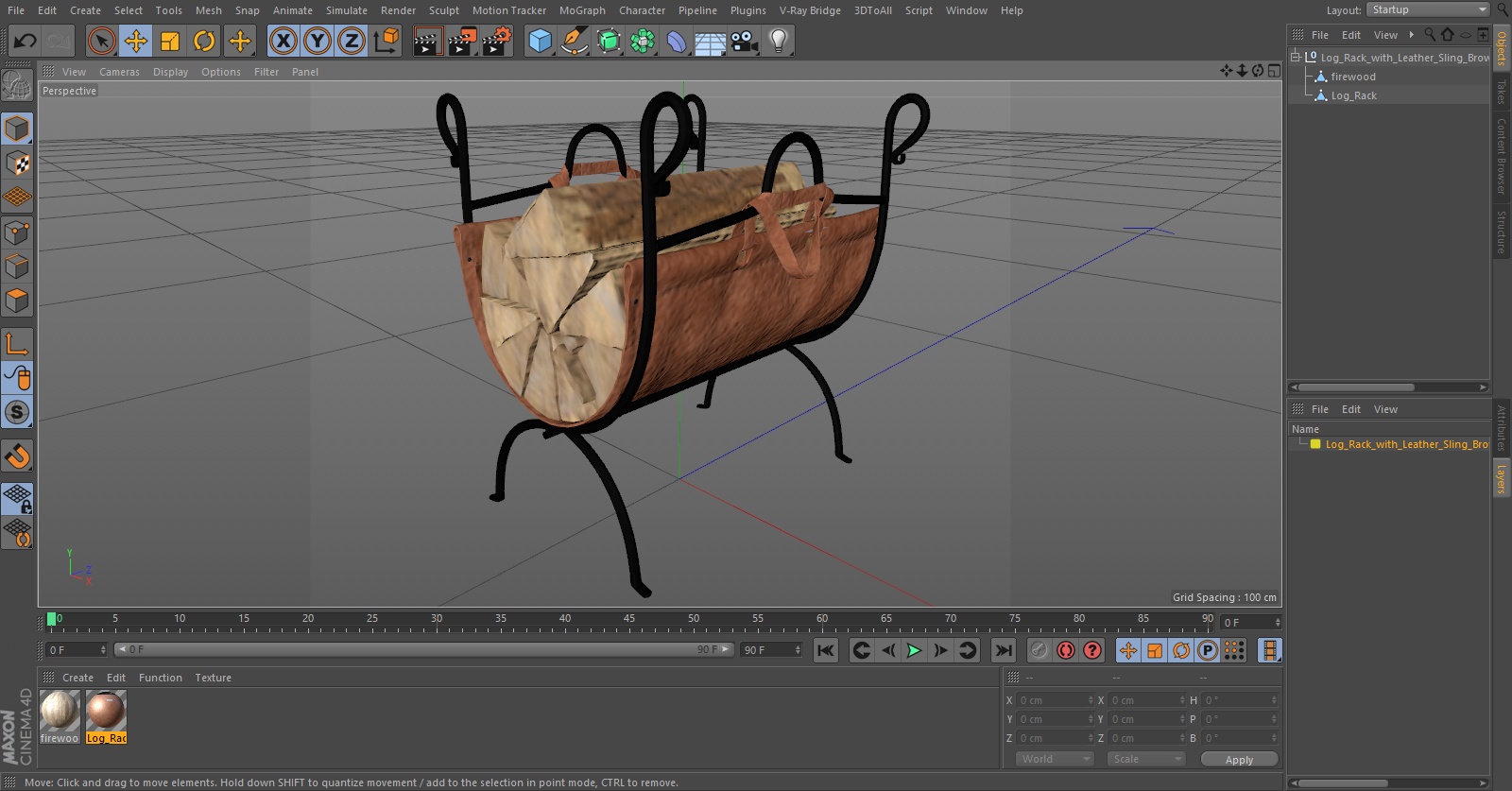 3D Log Rack with Leather Sling Brown model