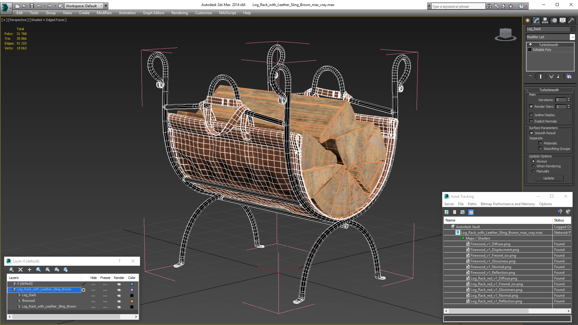 3D Log Rack with Leather Sling Brown model