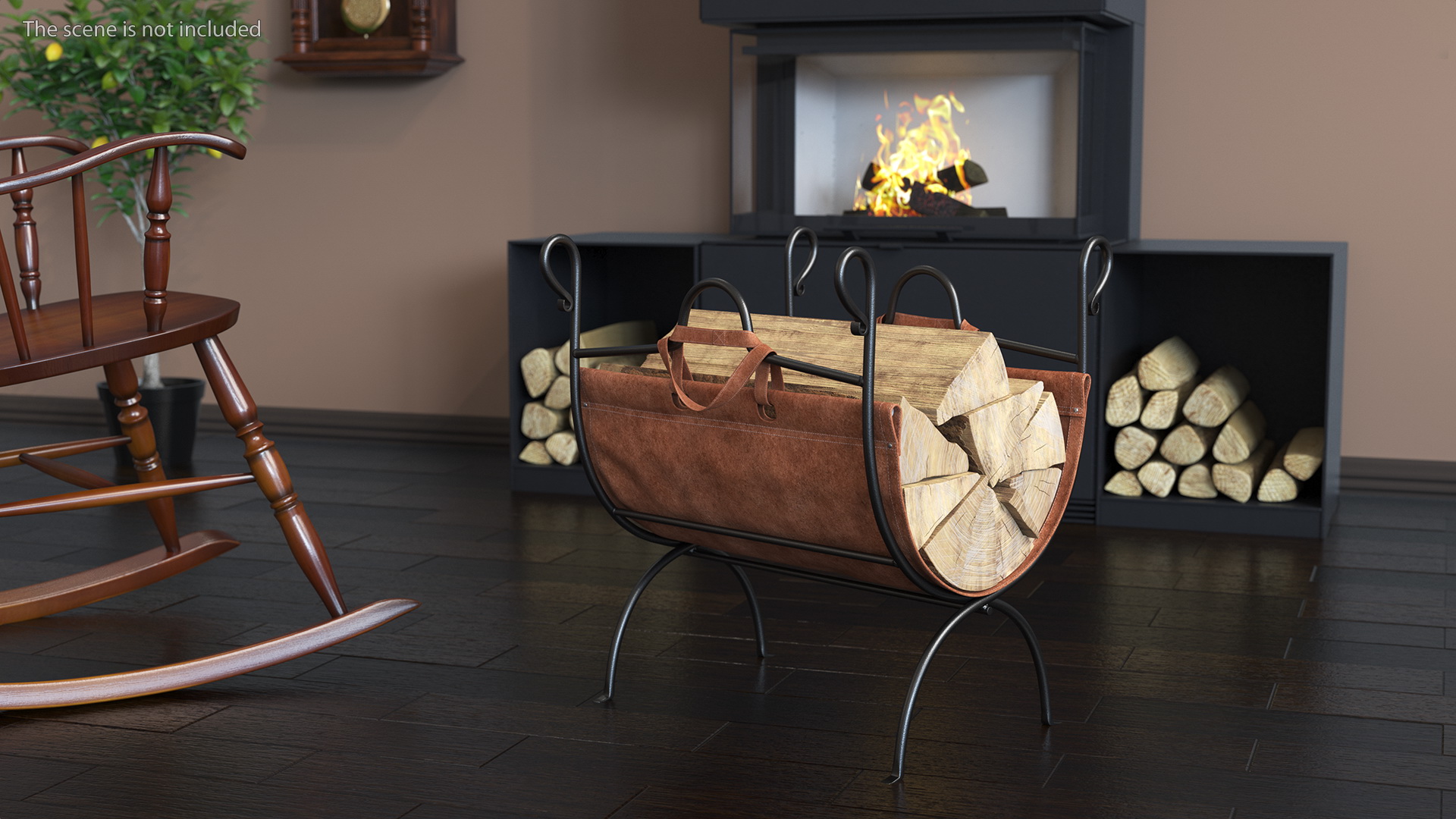 3D Log Rack with Leather Sling Brown model
