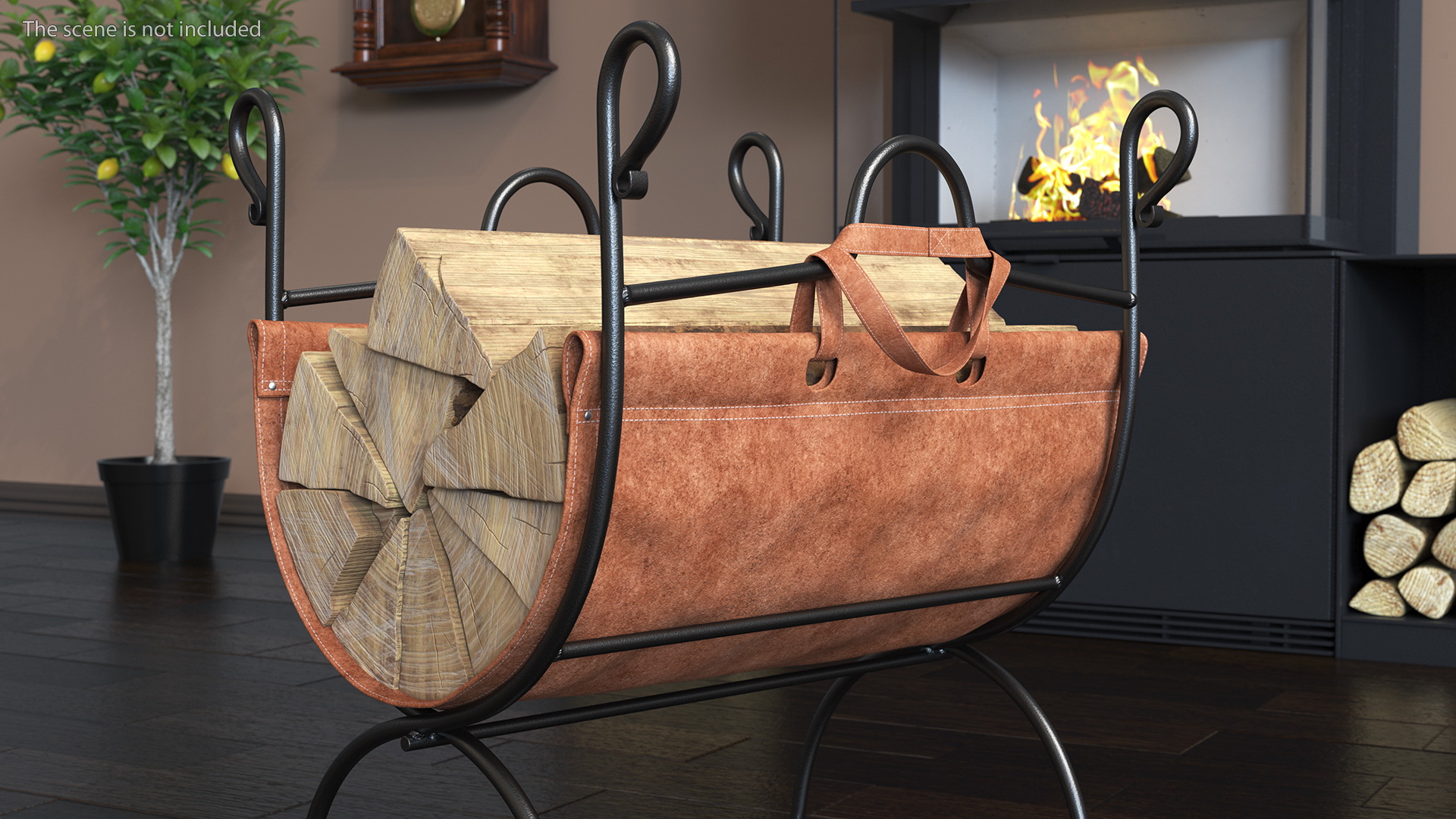 3D Log Rack with Leather Sling Brown model