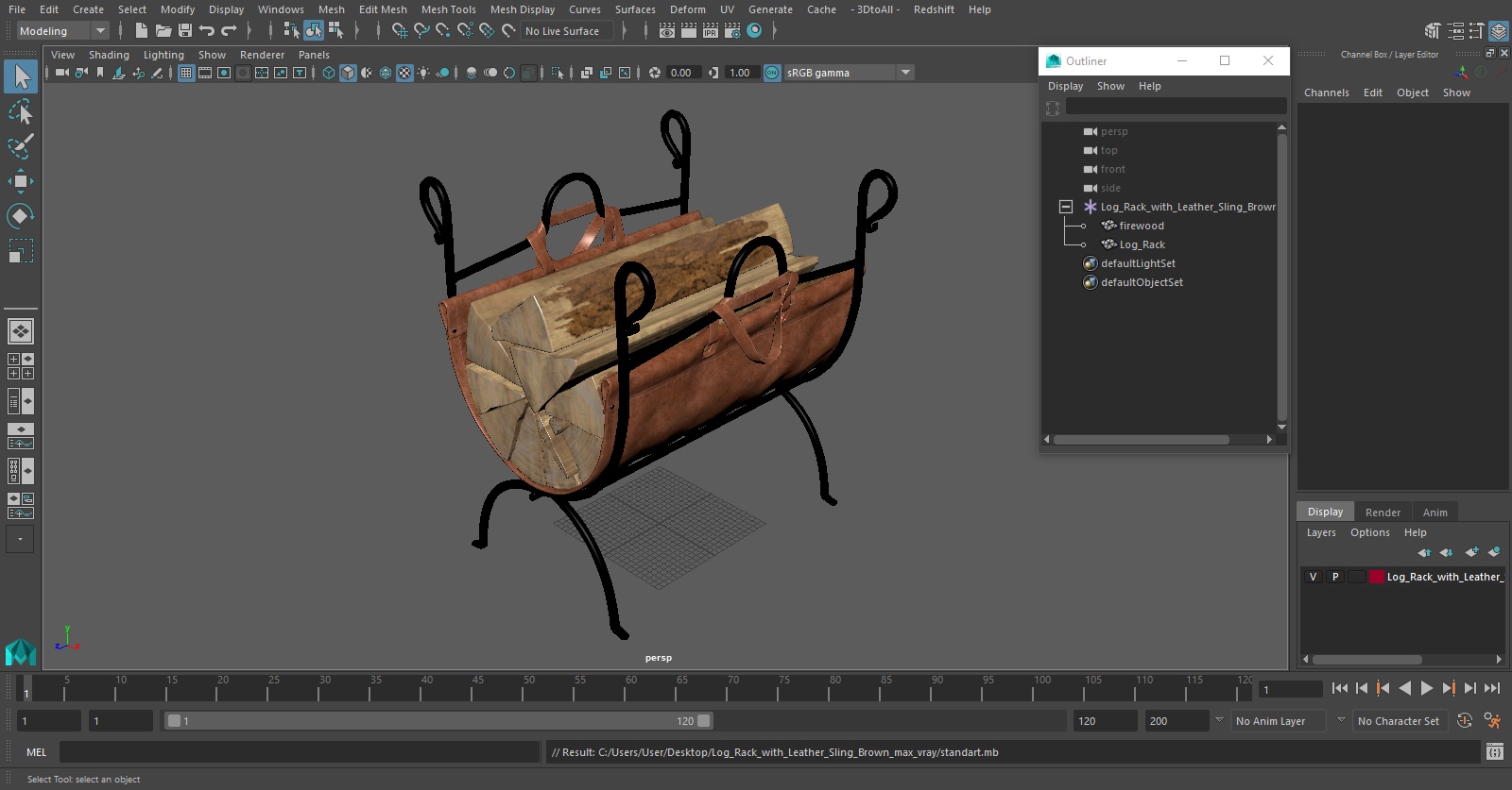 3D Log Rack with Leather Sling Brown model