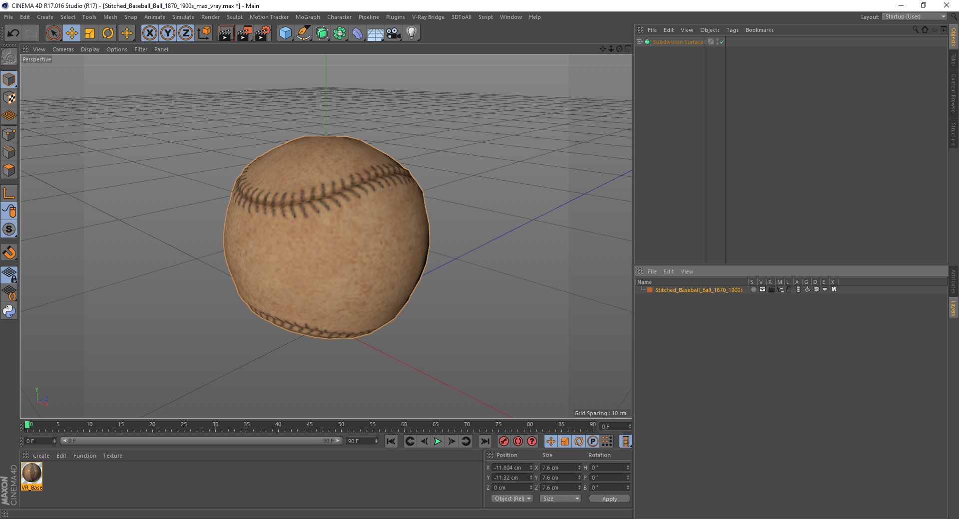 3D Stitched Baseball Ball 1870-1900s model