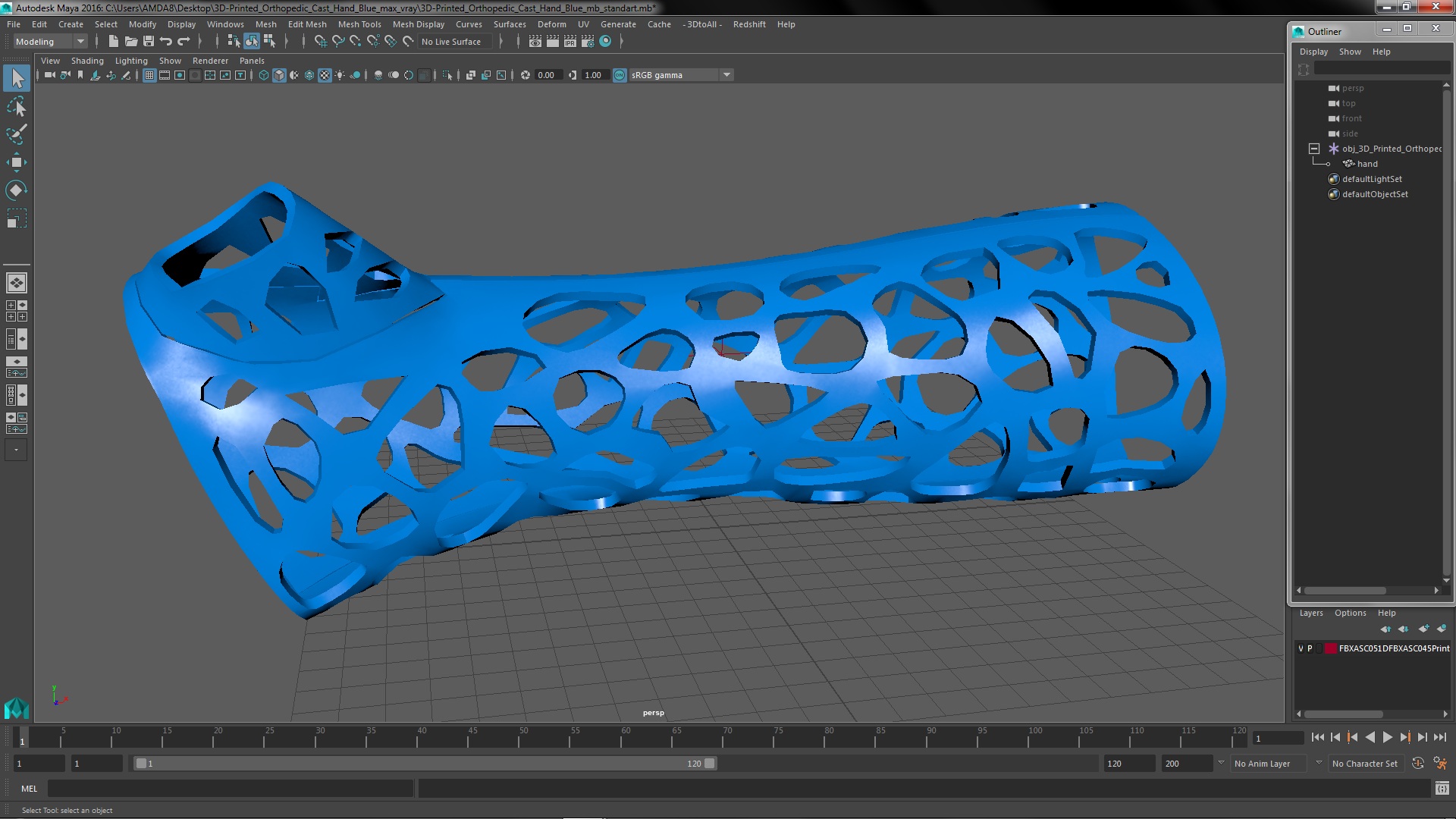 3D 3D-Printed Orthopedic Cast Hand Blue