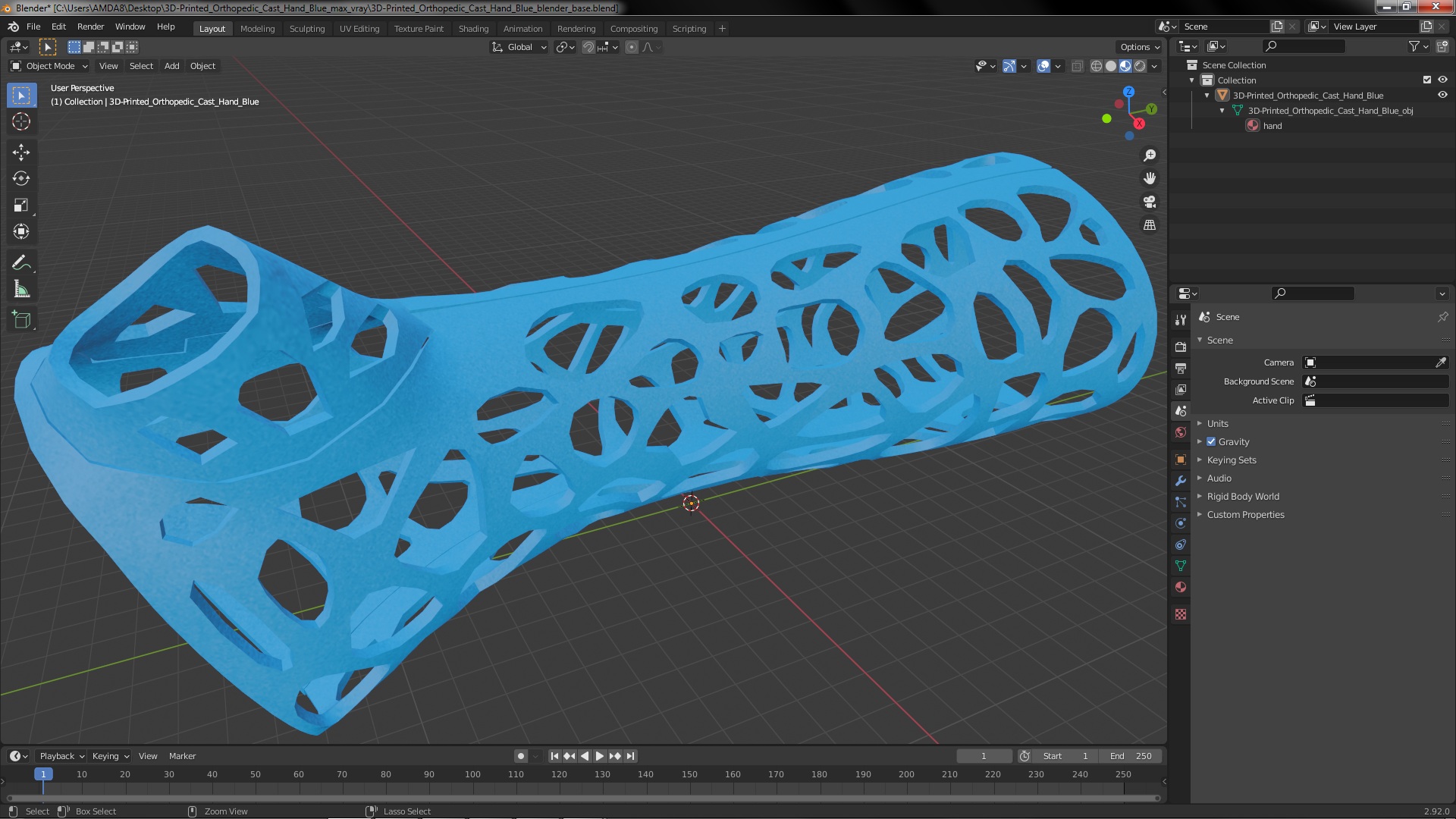 3D 3D-Printed Orthopedic Cast Hand Blue