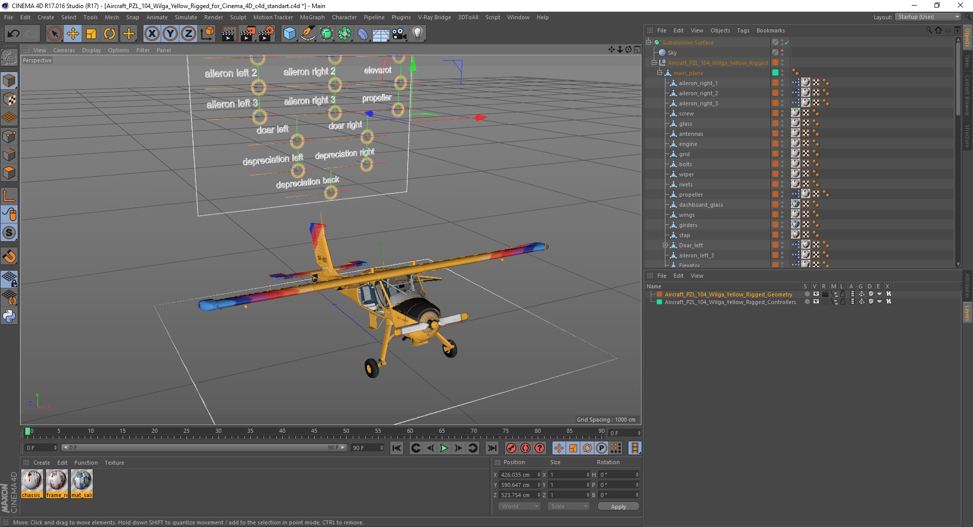 3D model Aircraft PZL 104 Wilga Yellow Rigged for Cinema 4D