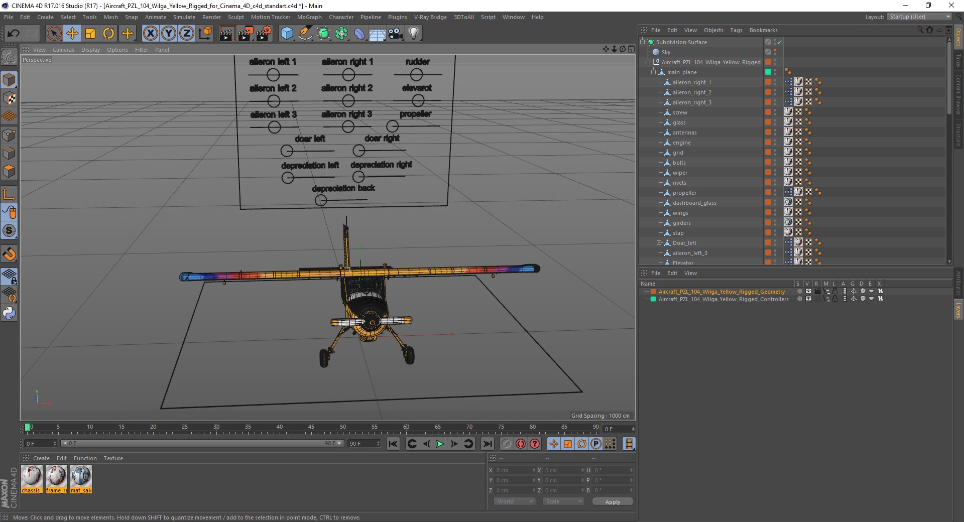3D model Aircraft PZL 104 Wilga Yellow Rigged for Cinema 4D