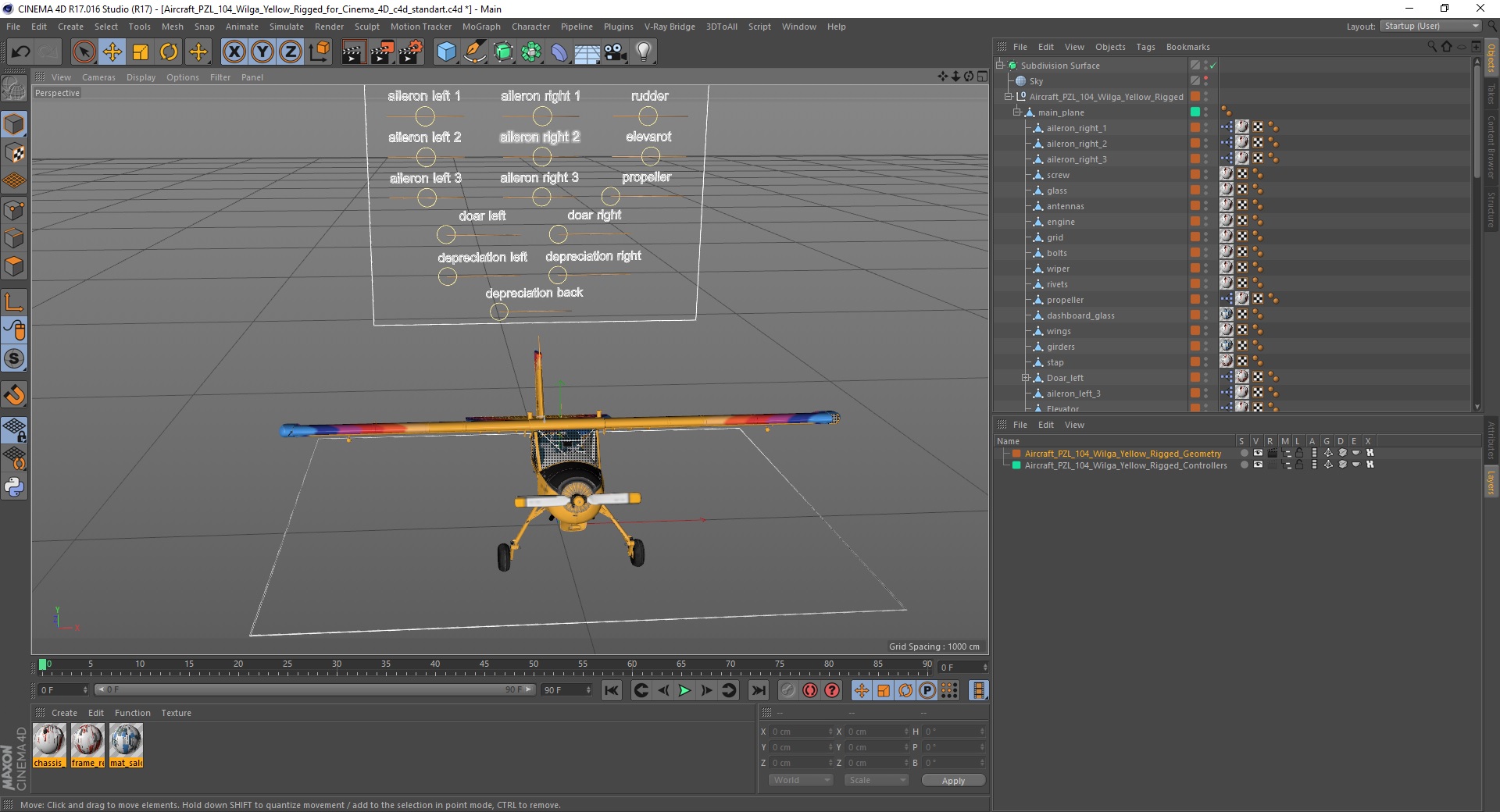 3D model Aircraft PZL 104 Wilga Yellow Rigged for Cinema 4D