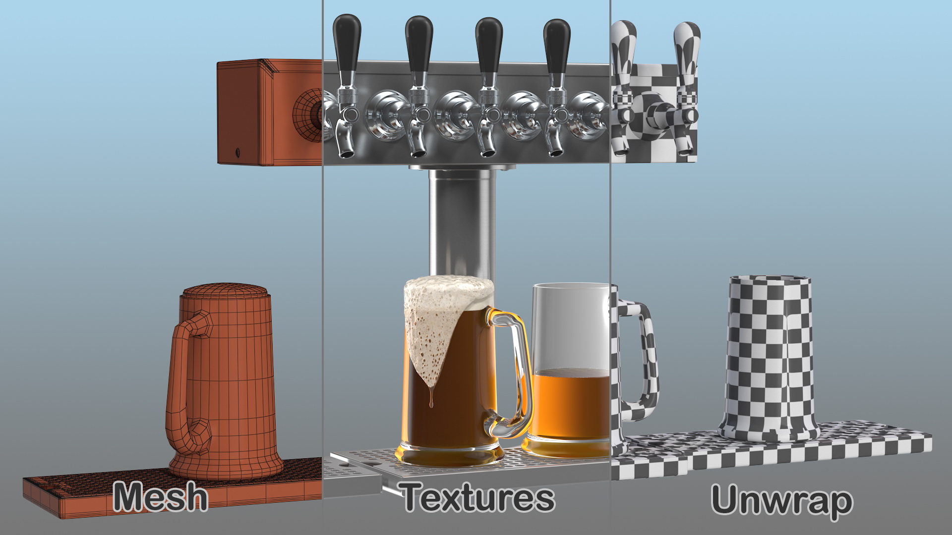 3D T Style Pedestal Draft Beer Tower with Beer Mugs model