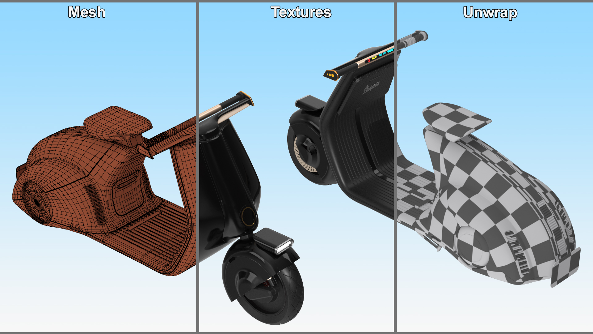 Modern Black Electric Scooter Lights On 3D model