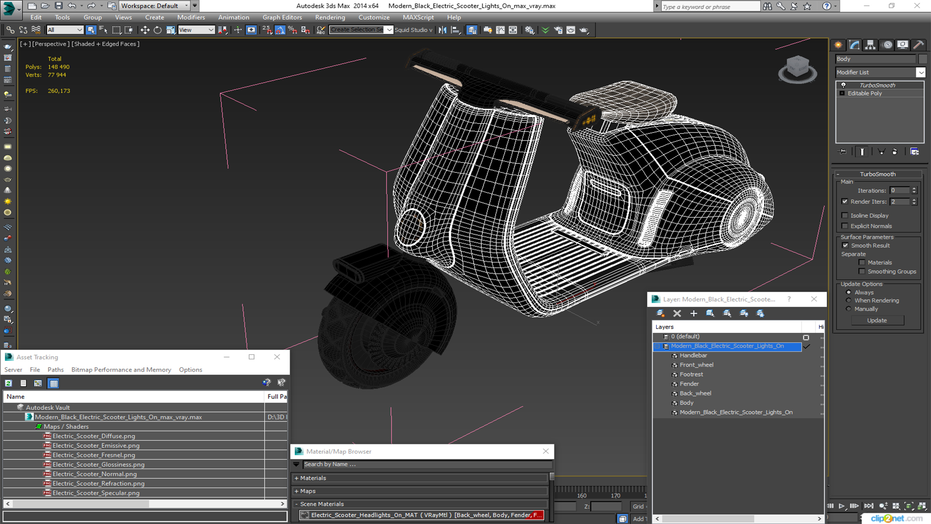 Modern Black Electric Scooter Lights On 3D model