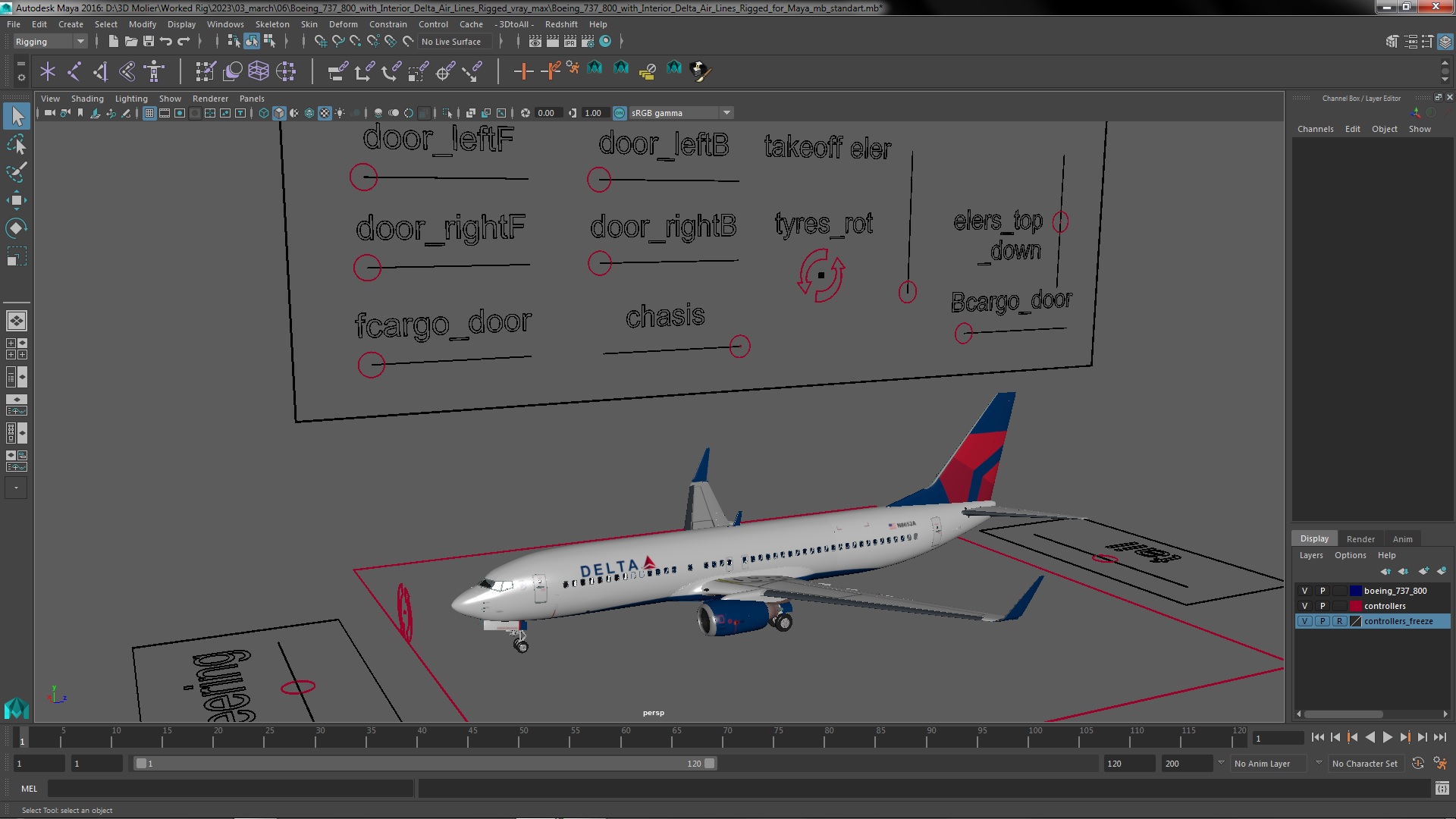3D model Boeing 737 800 with Interior Delta Air Lines Rigged for Maya
