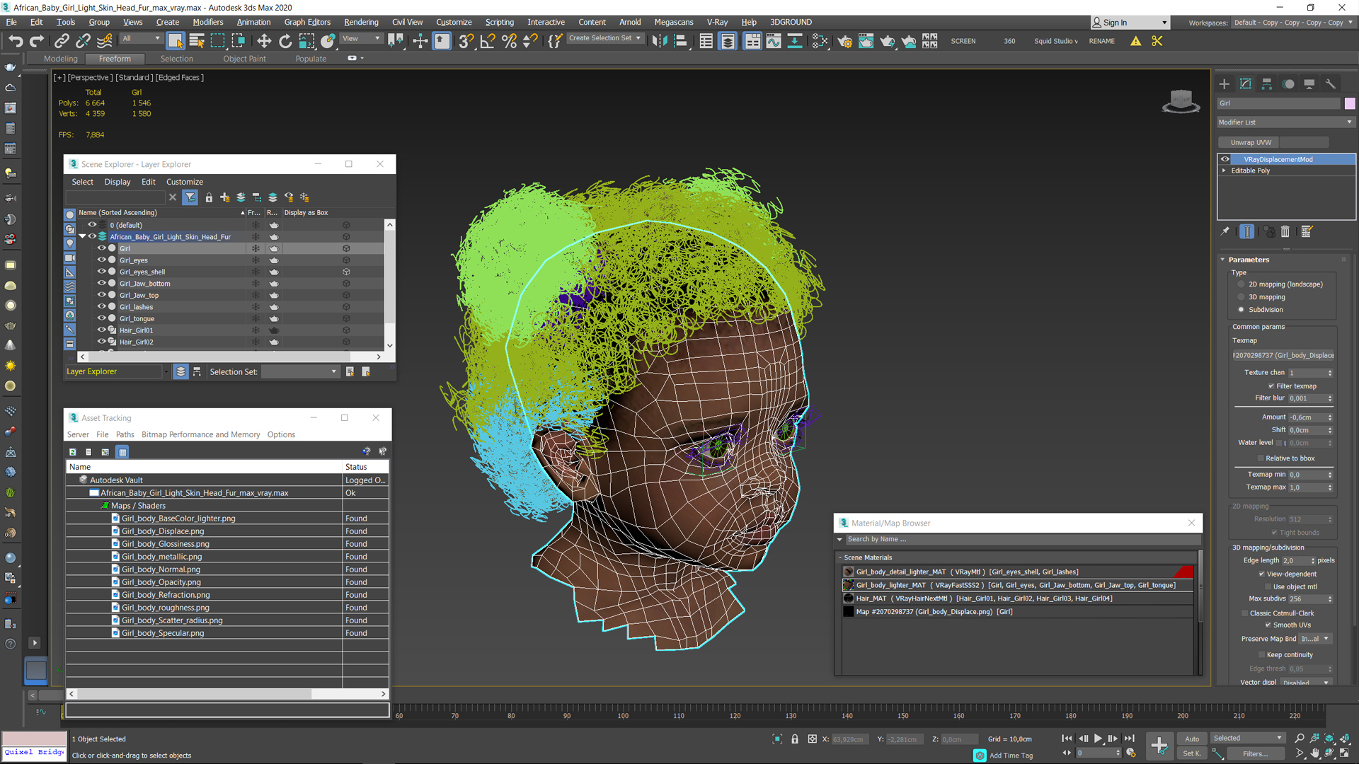 African Baby Girl Light Skin Head Fur 3D