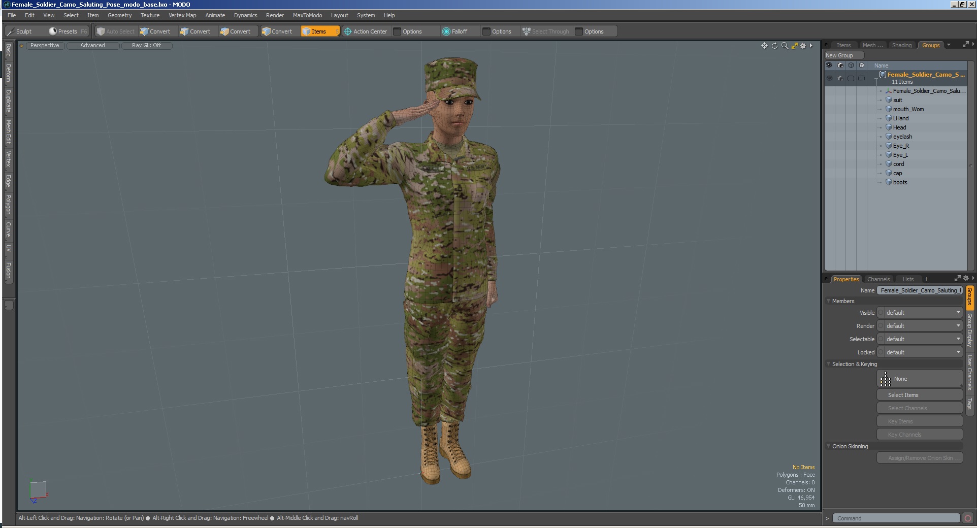 3D Female Soldier Camo Saluting Pose model