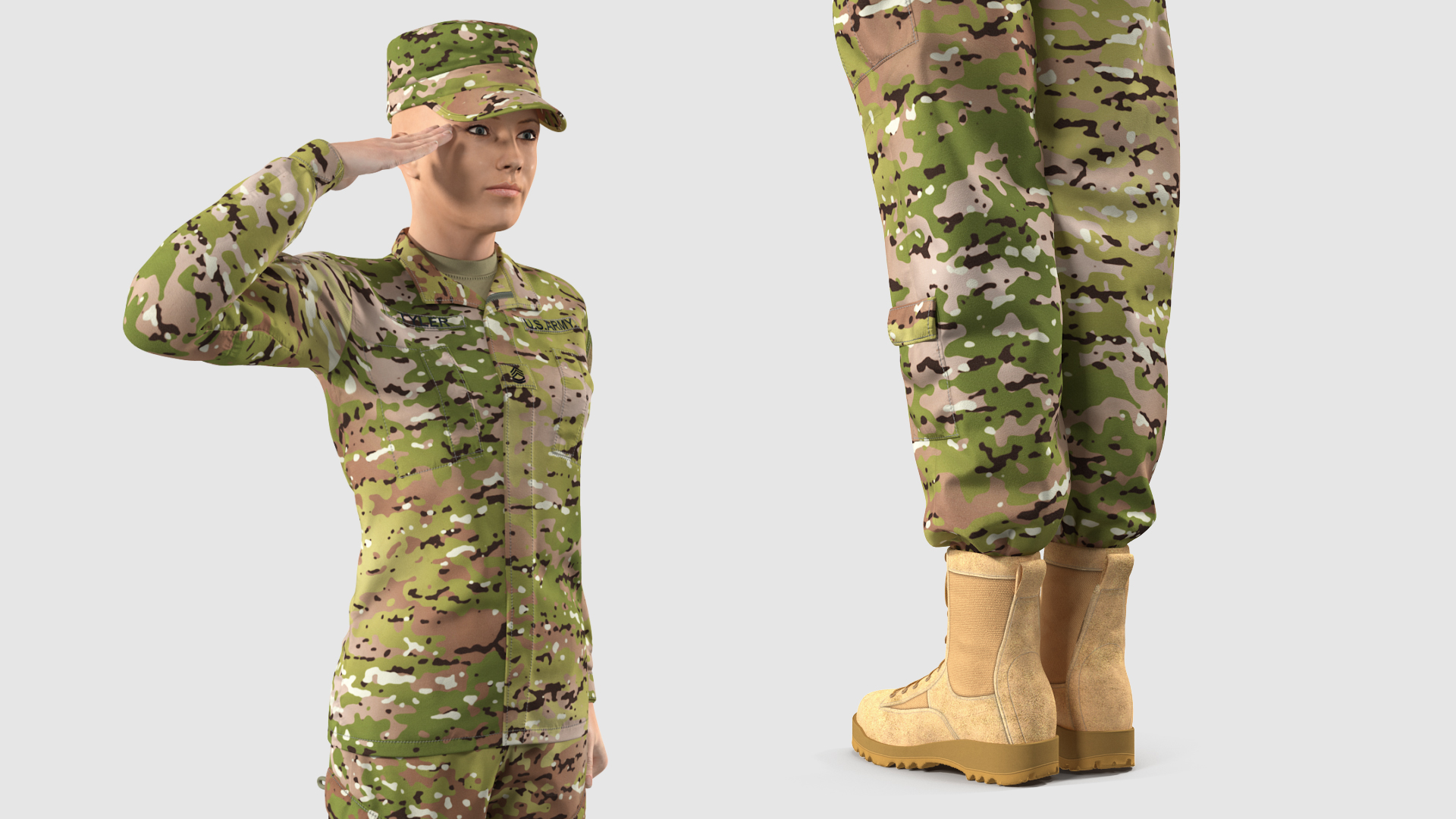 3D Female Soldier Camo Saluting Pose model