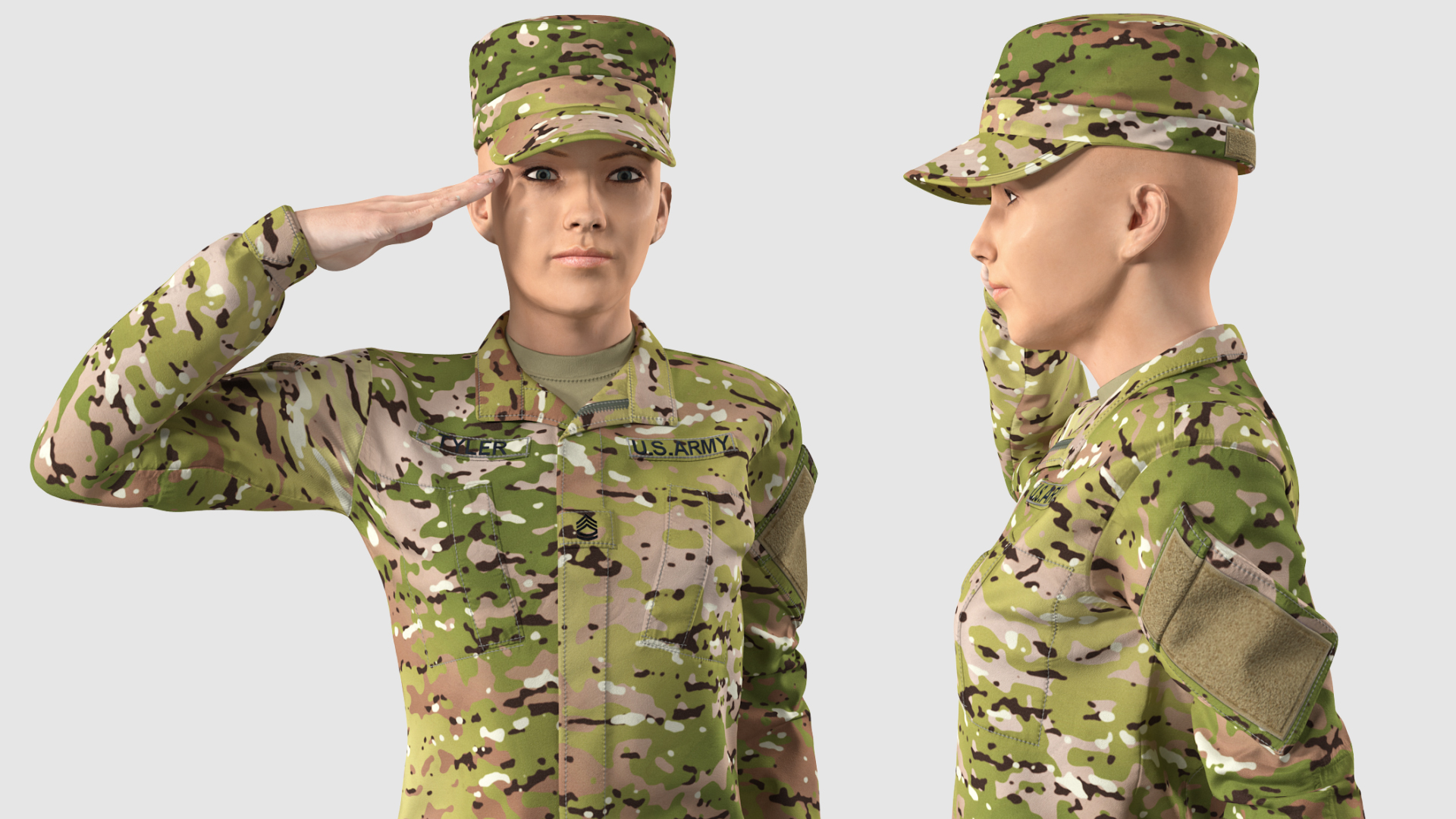 3D Female Soldier Camo Saluting Pose model