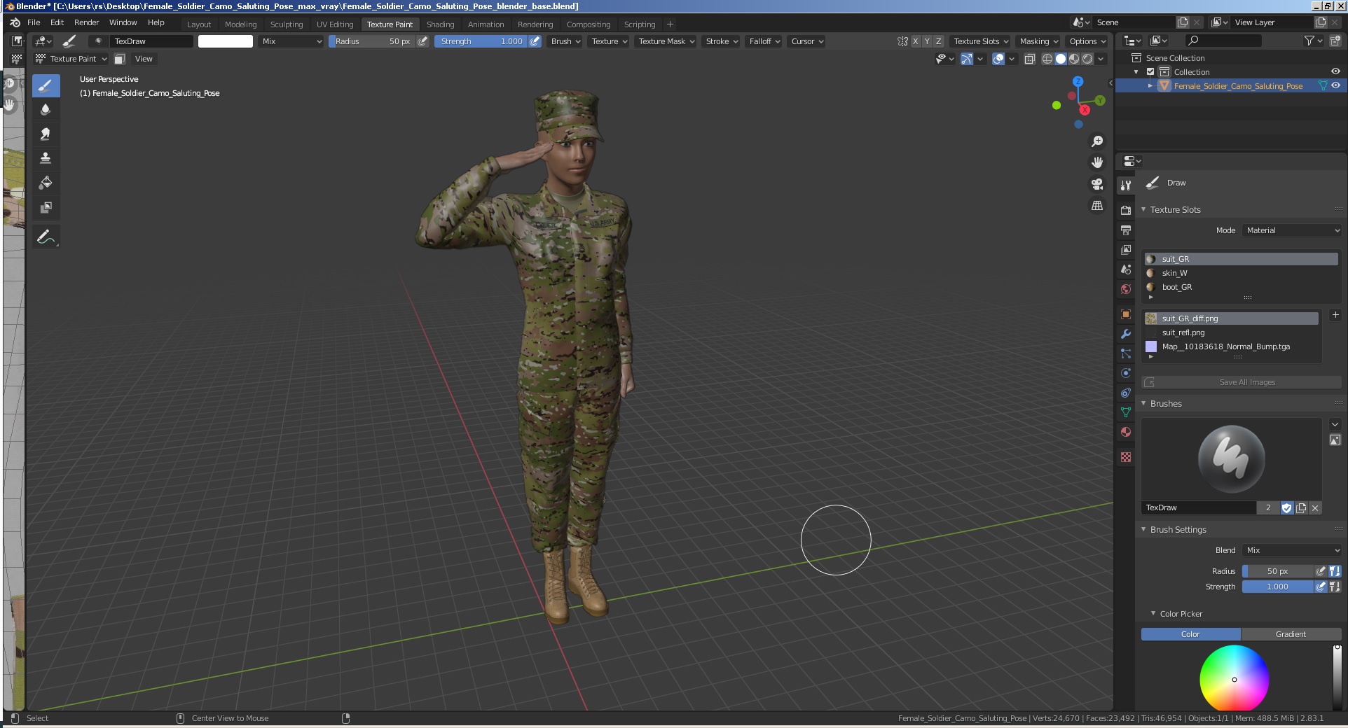 3D Female Soldier Camo Saluting Pose model