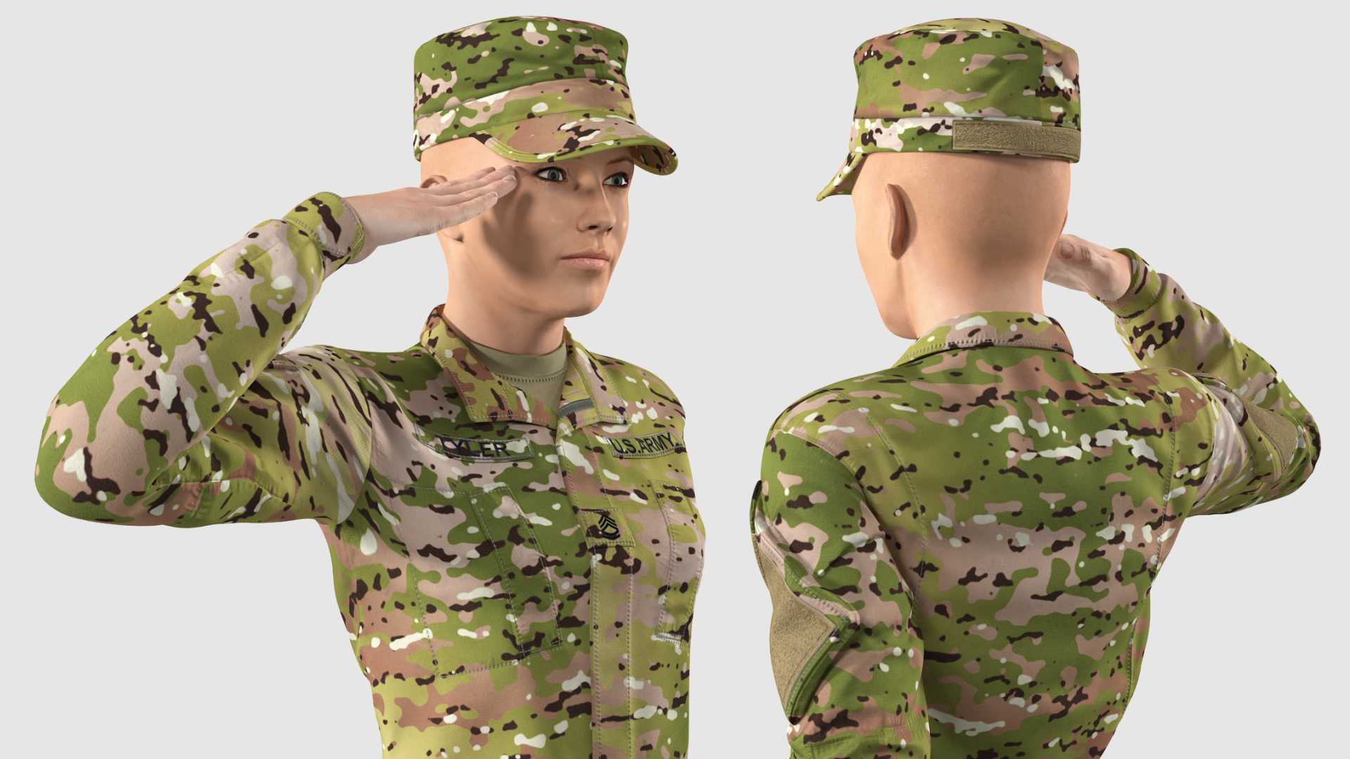 3D Female Soldier Camo Saluting Pose model