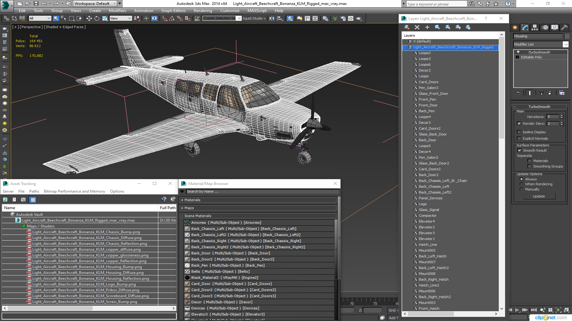 3D Light Aircraft Beechcraft Bonanza KLM Rigged for Maya model