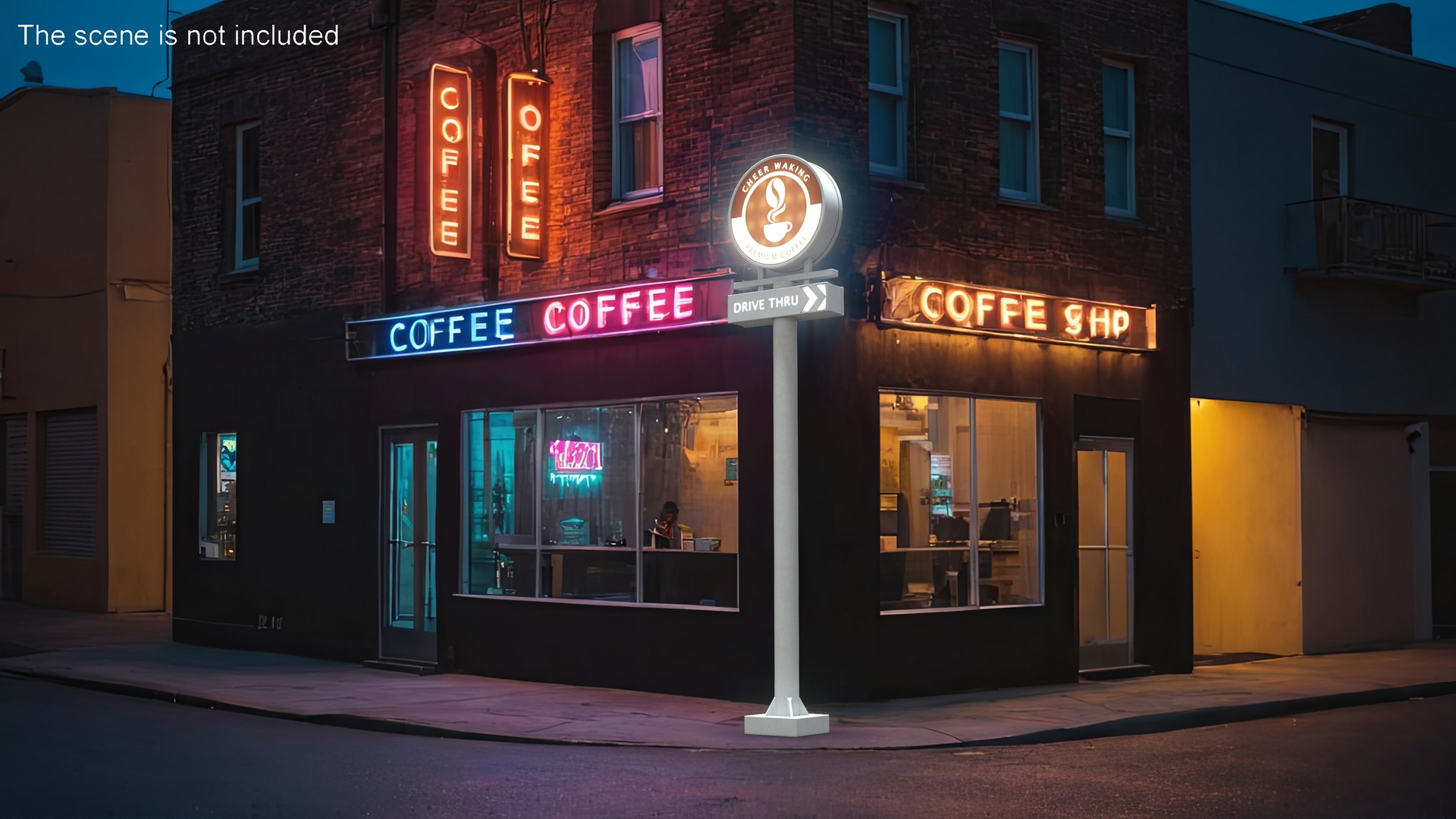Tall Coffee Shop Drive Thru Signage Light On 3D model