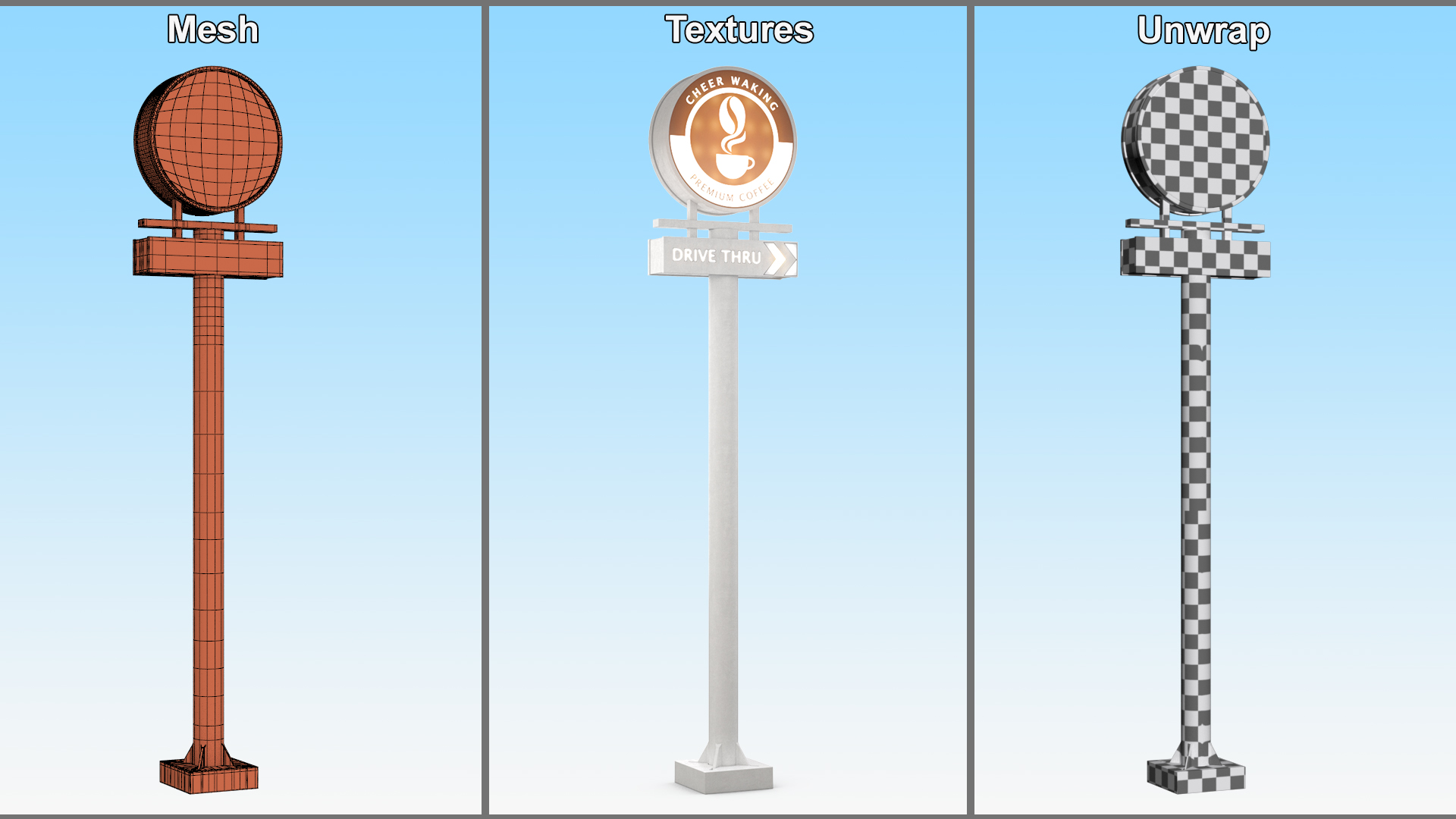 Tall Coffee Shop Drive Thru Signage Light On 3D model