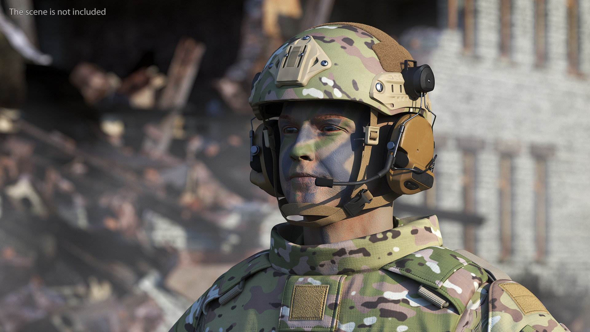 3D Military Soldier in Green Camo A-pose Fur