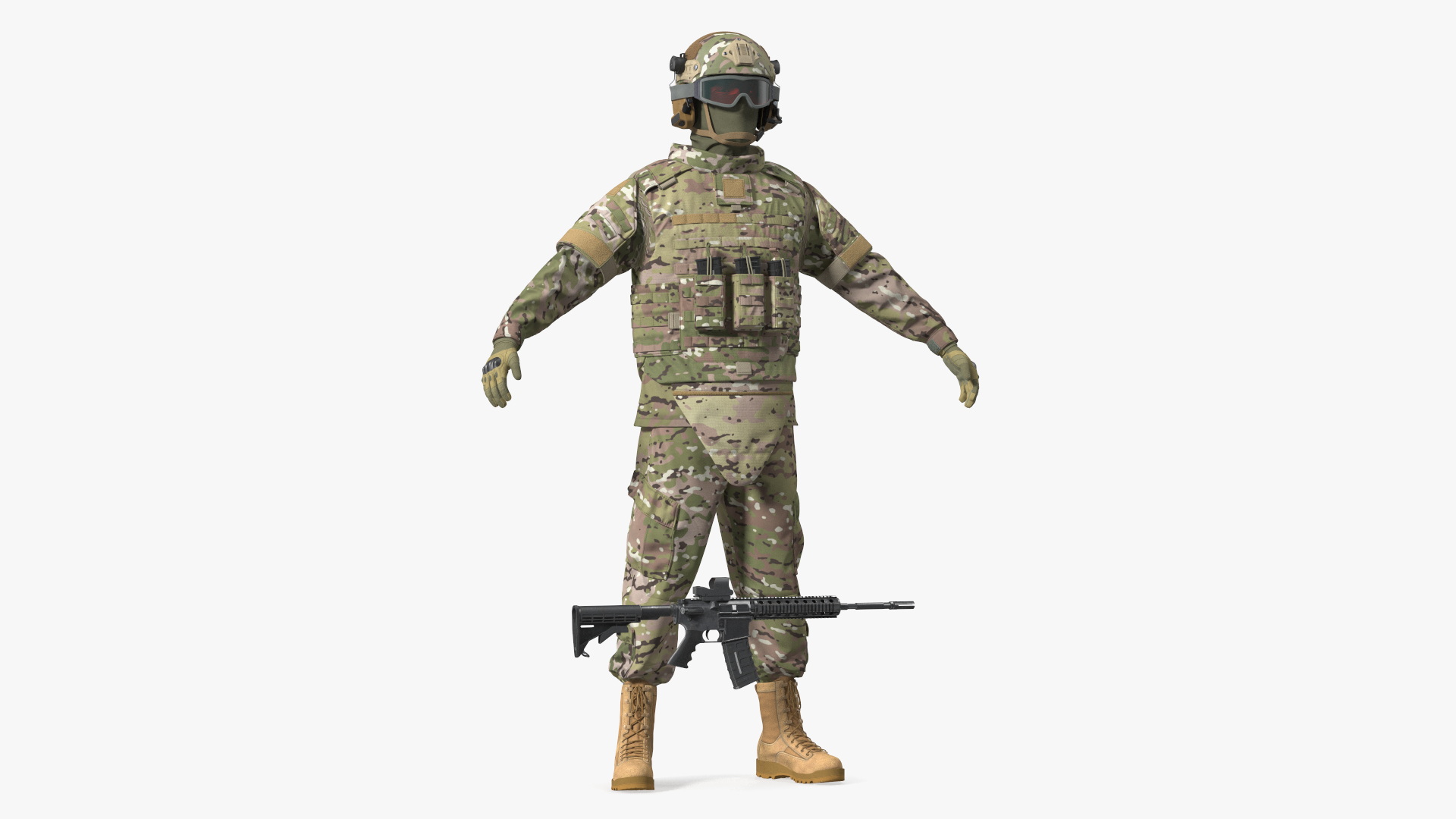 3D Military Soldier in Green Camo A-pose Fur