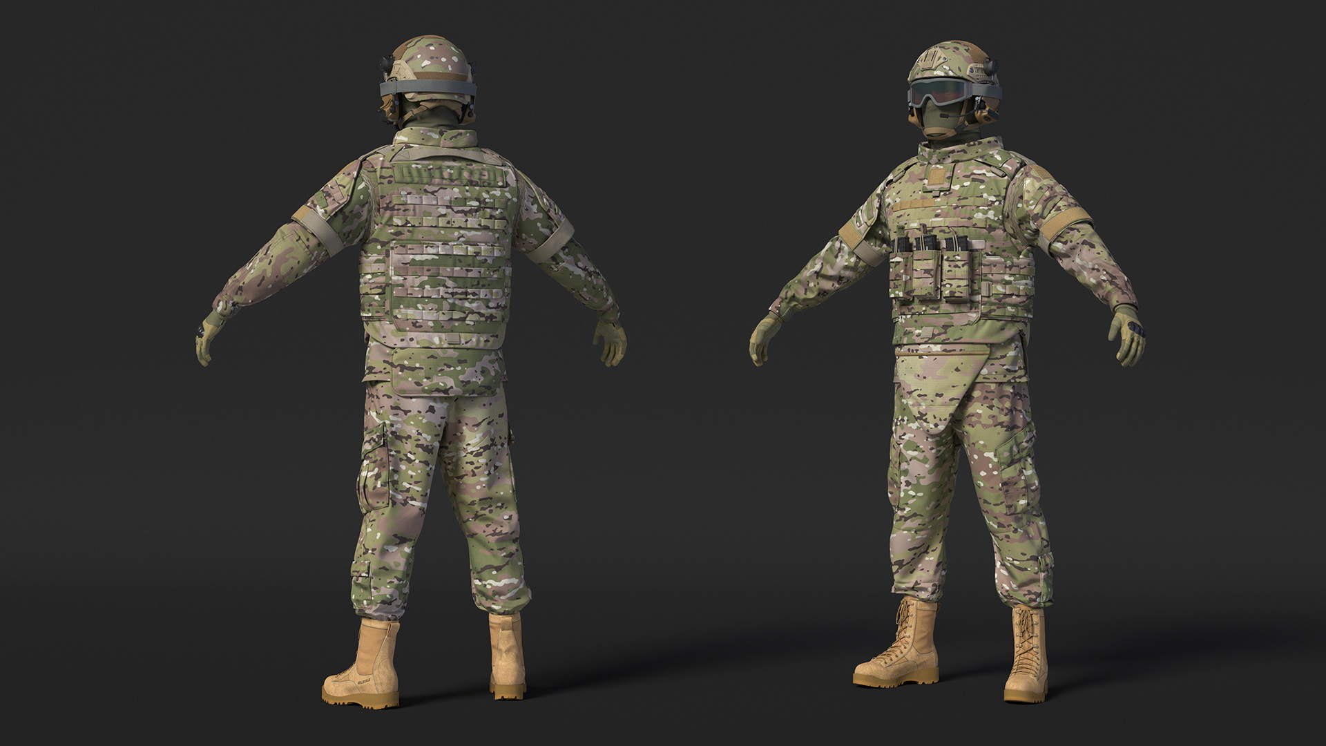 3D Military Soldier in Green Camo A-pose Fur