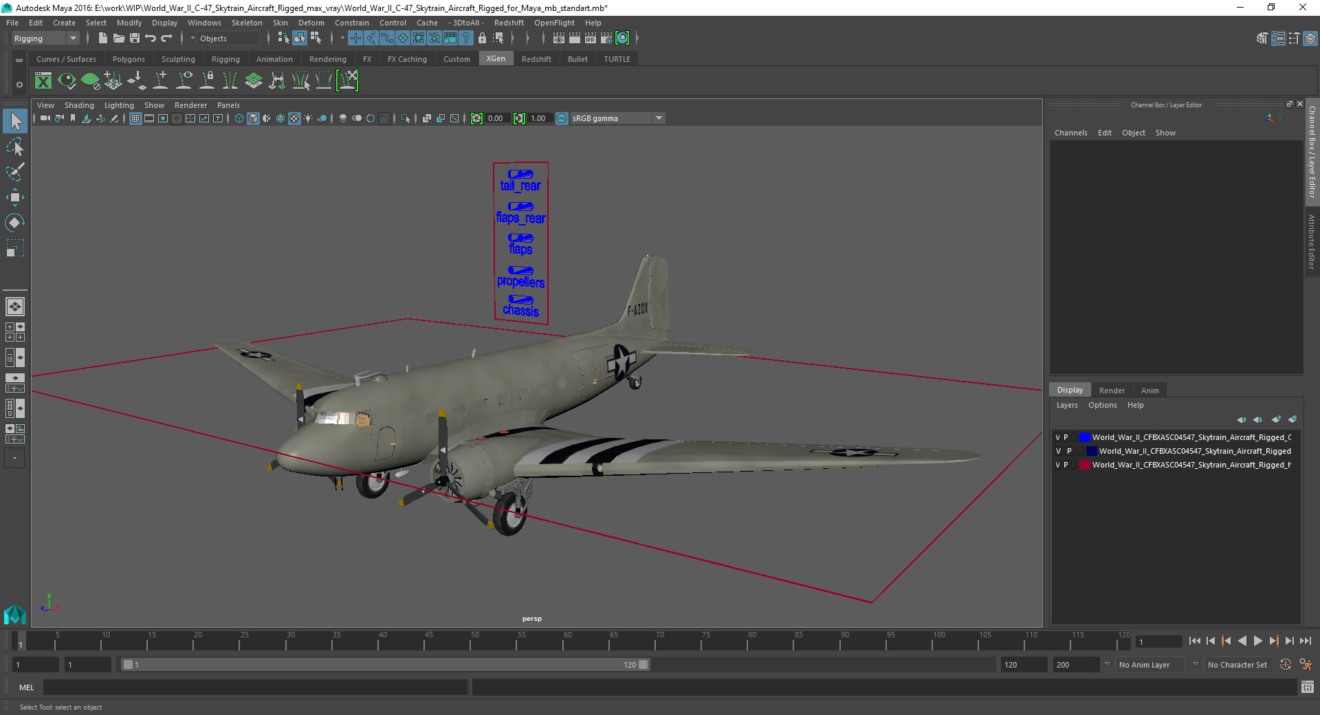 3D World War II C-47 Skytrain Aircraft Rigged for Maya