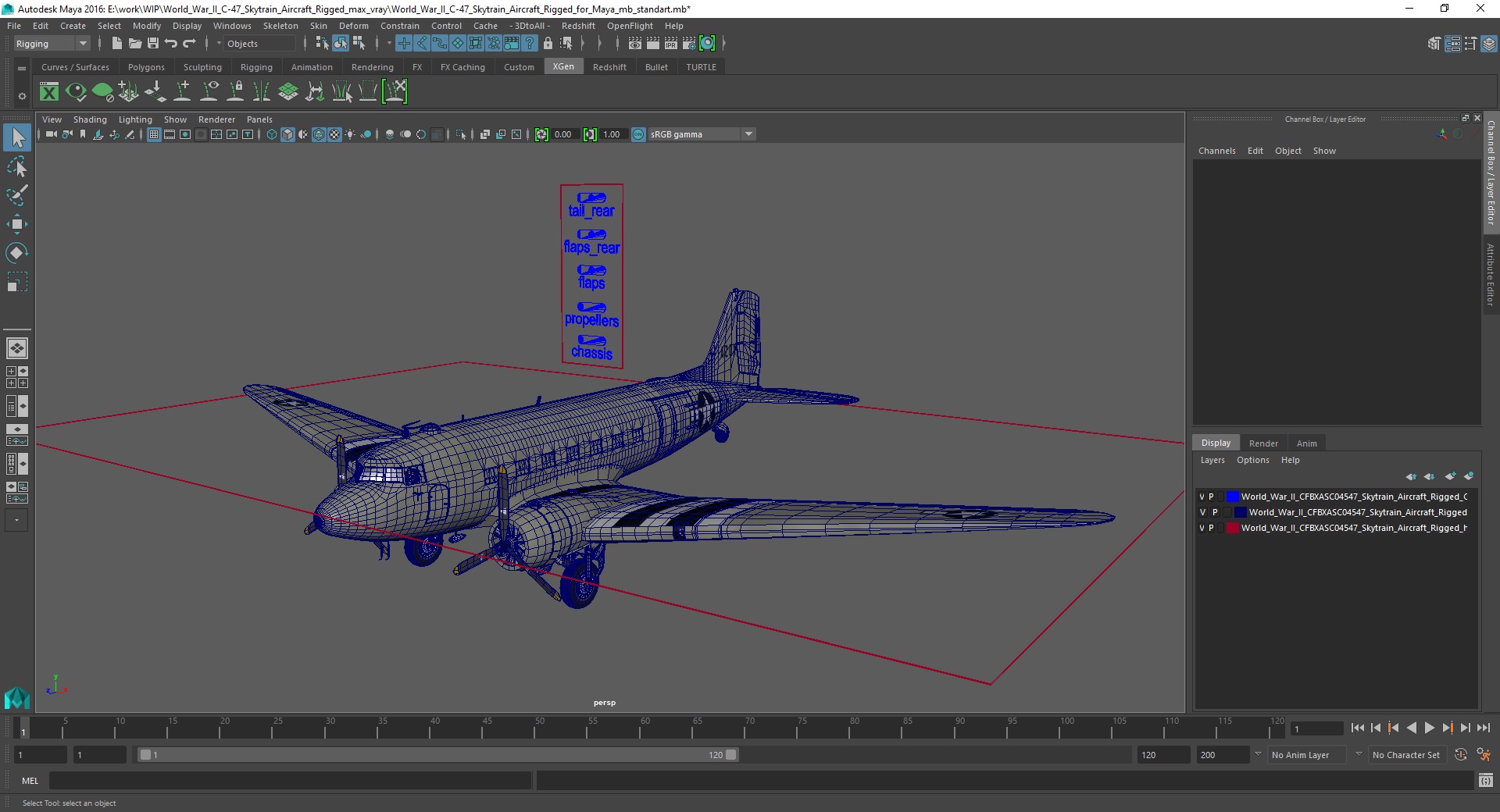 3D World War II C-47 Skytrain Aircraft Rigged for Maya