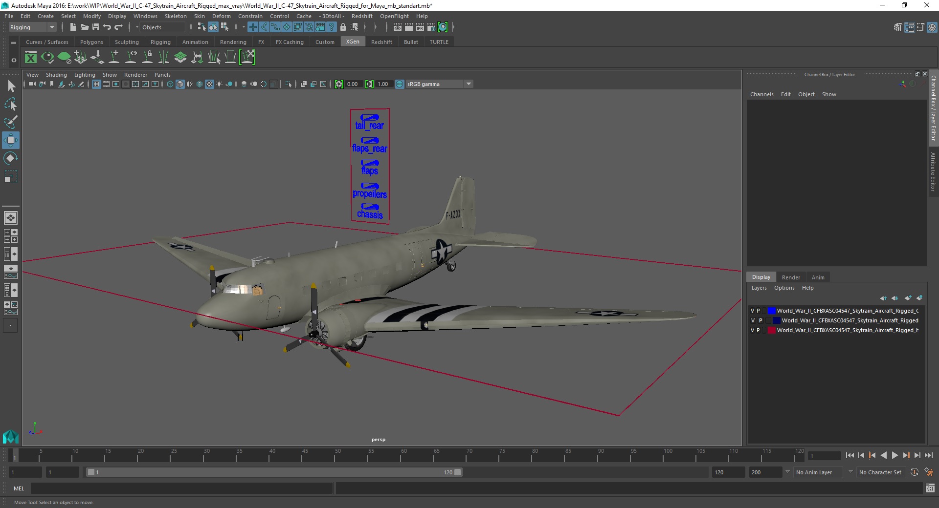 3D World War II C-47 Skytrain Aircraft Rigged for Maya