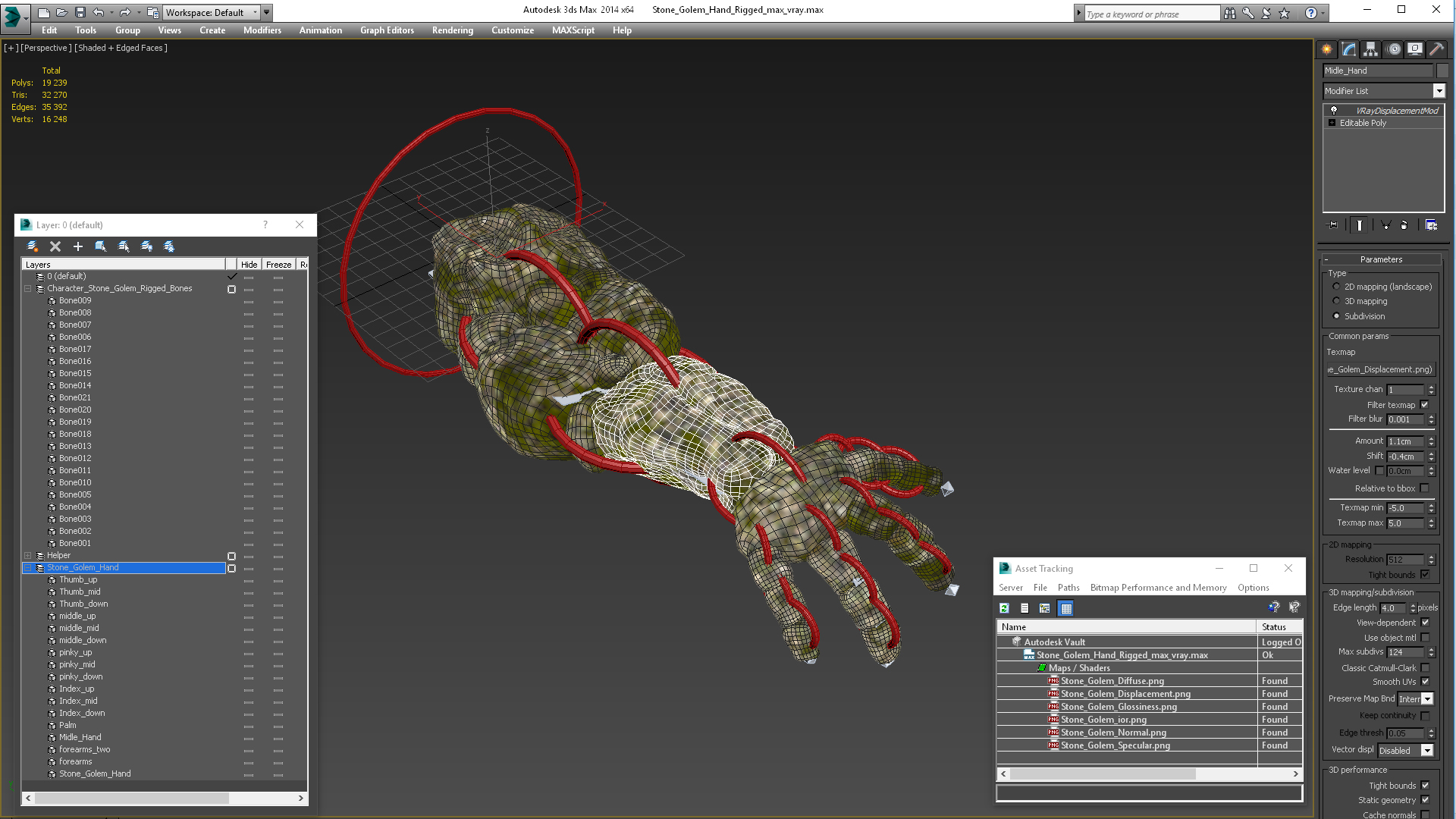Stone Golem Hand Rigged for Maya 3D